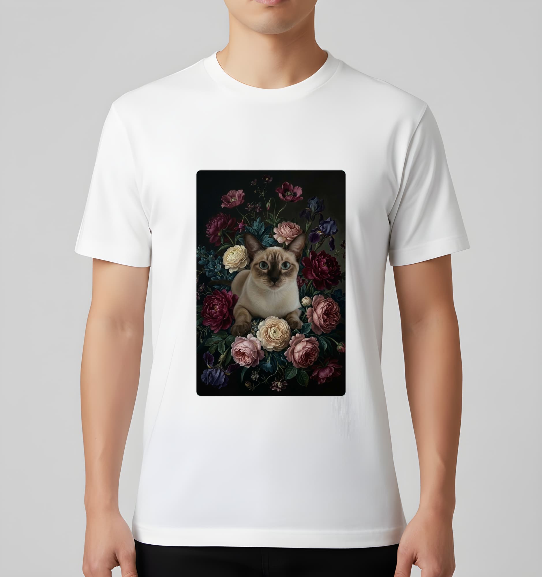 シャム猫の花の油絵風アート花柄Tシャツ(ホワイト) 3