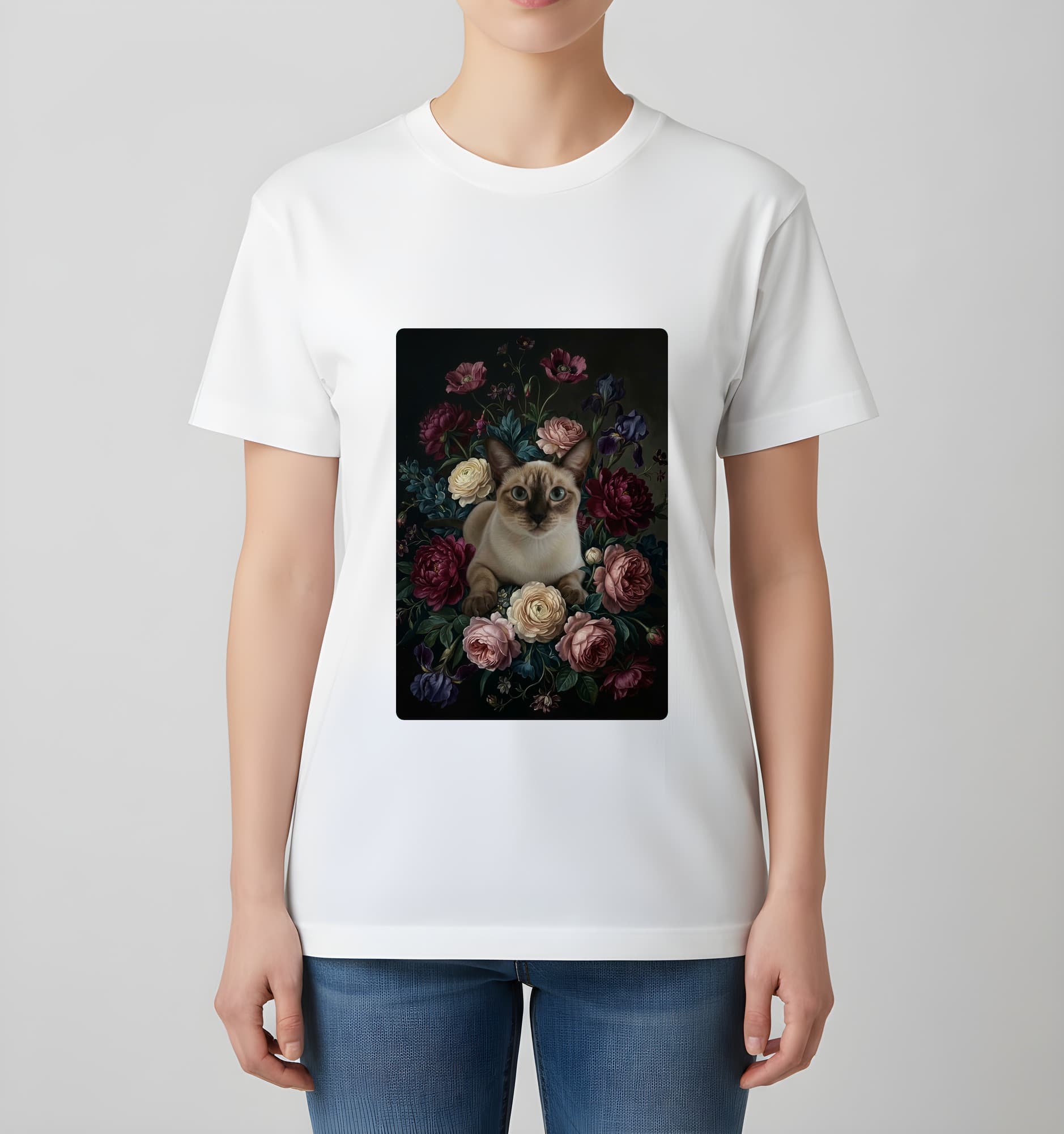 シャム猫の花の油絵風アート花柄Tシャツ(ホワイト) 4