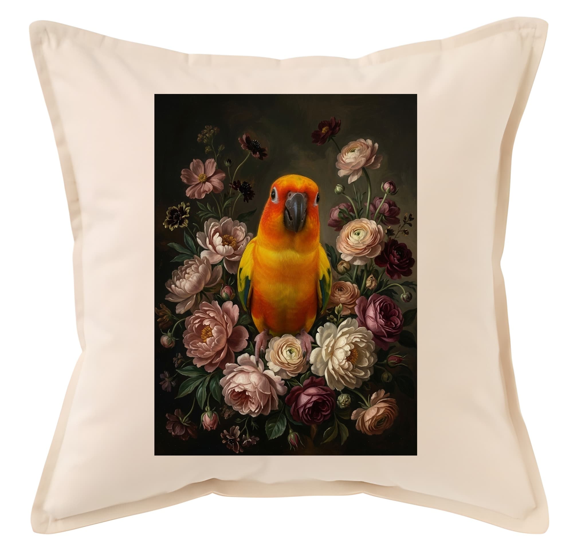 コガネメキシコインコの花の油絵風アート花柄クッション