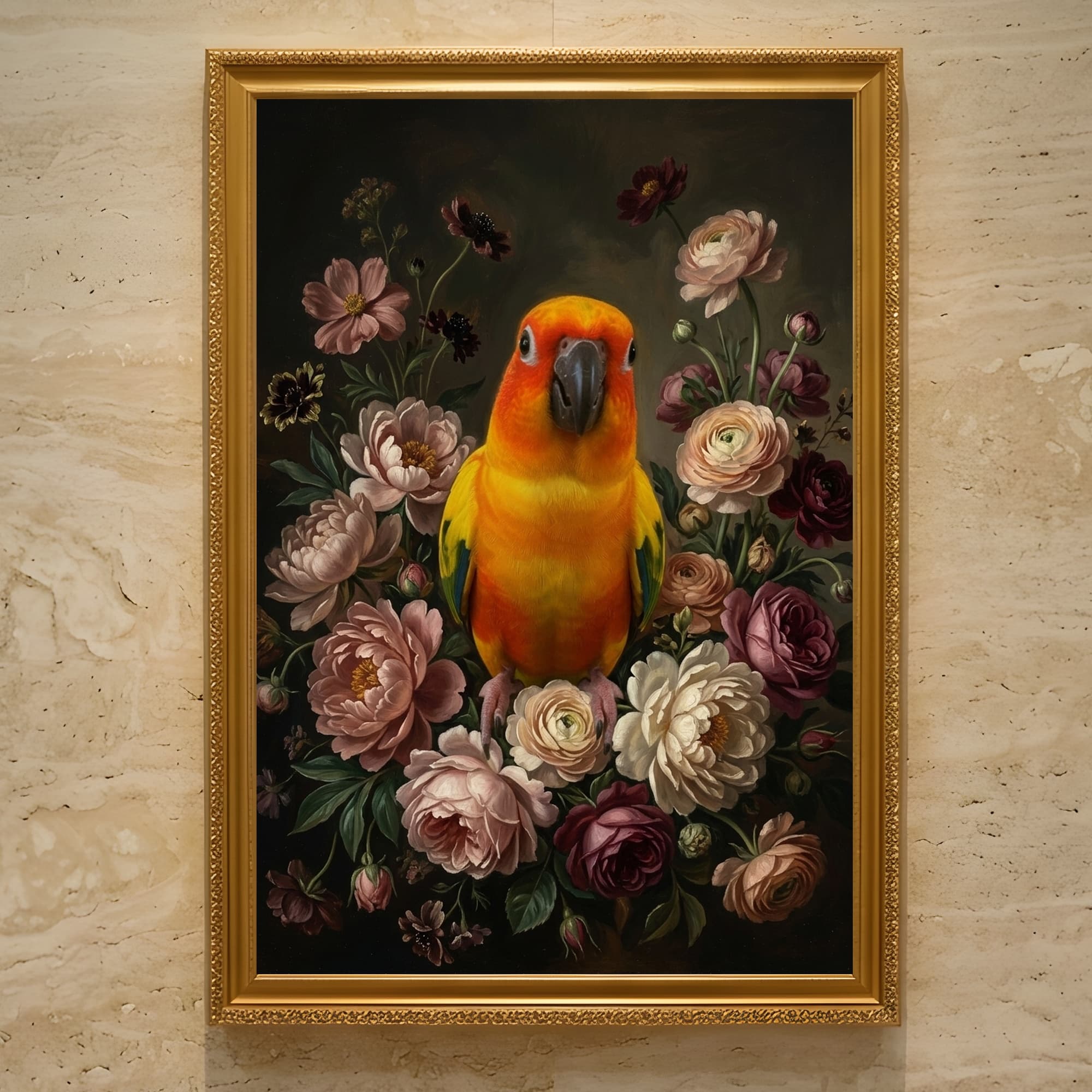 コガネメキシコインコの花の油絵風アート花柄額装プリント(A3サイズ)