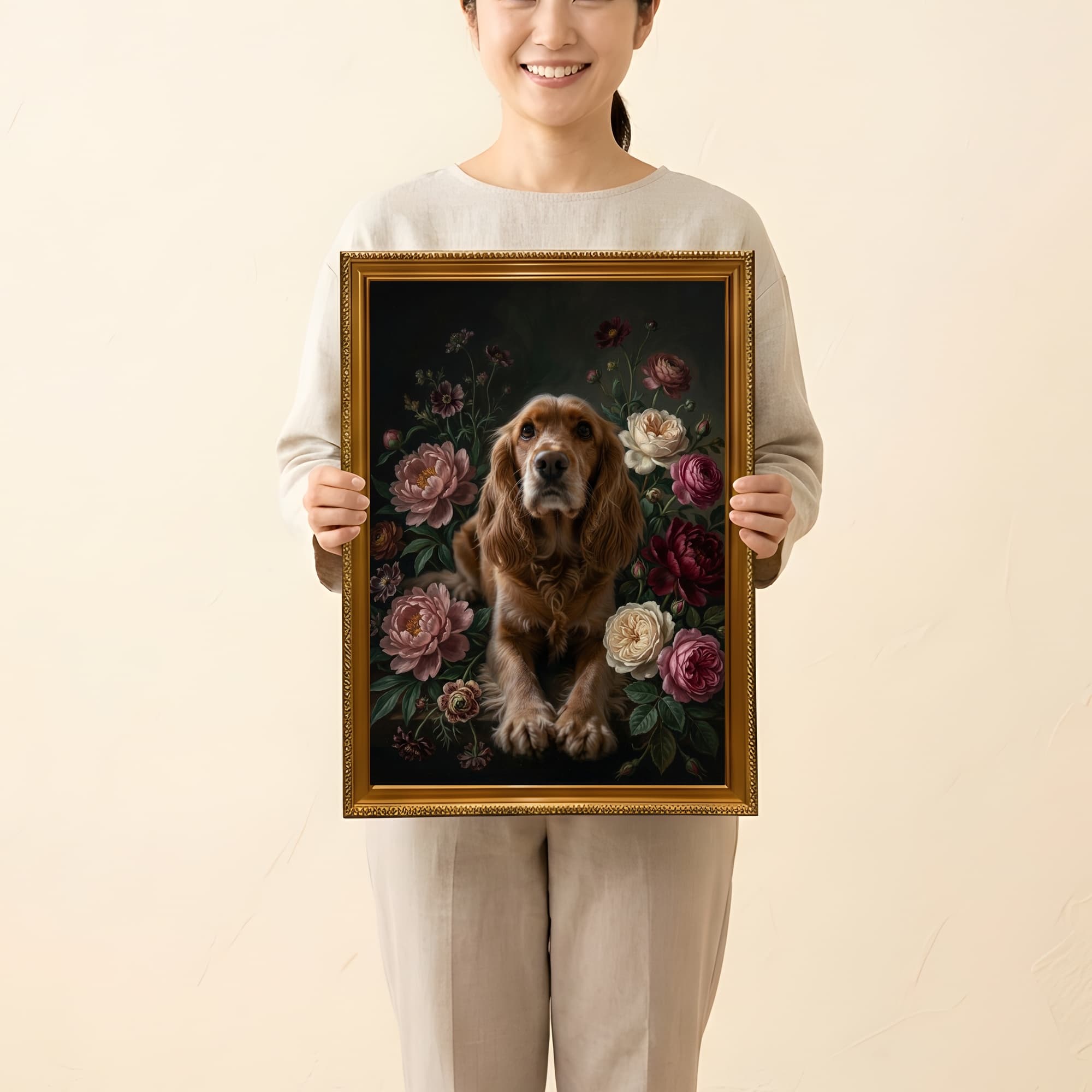 コッカースパニエルの花の油絵風アート花柄額装プリント(A3サイズ) 2