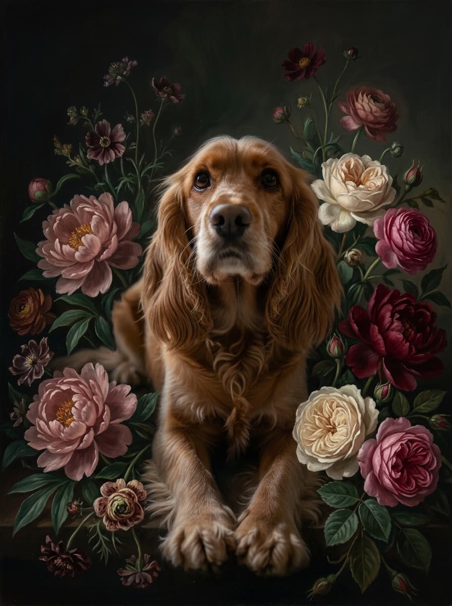 コッカースパニエルの花の油絵風アート花柄額装プリント(A3サイズ) 4