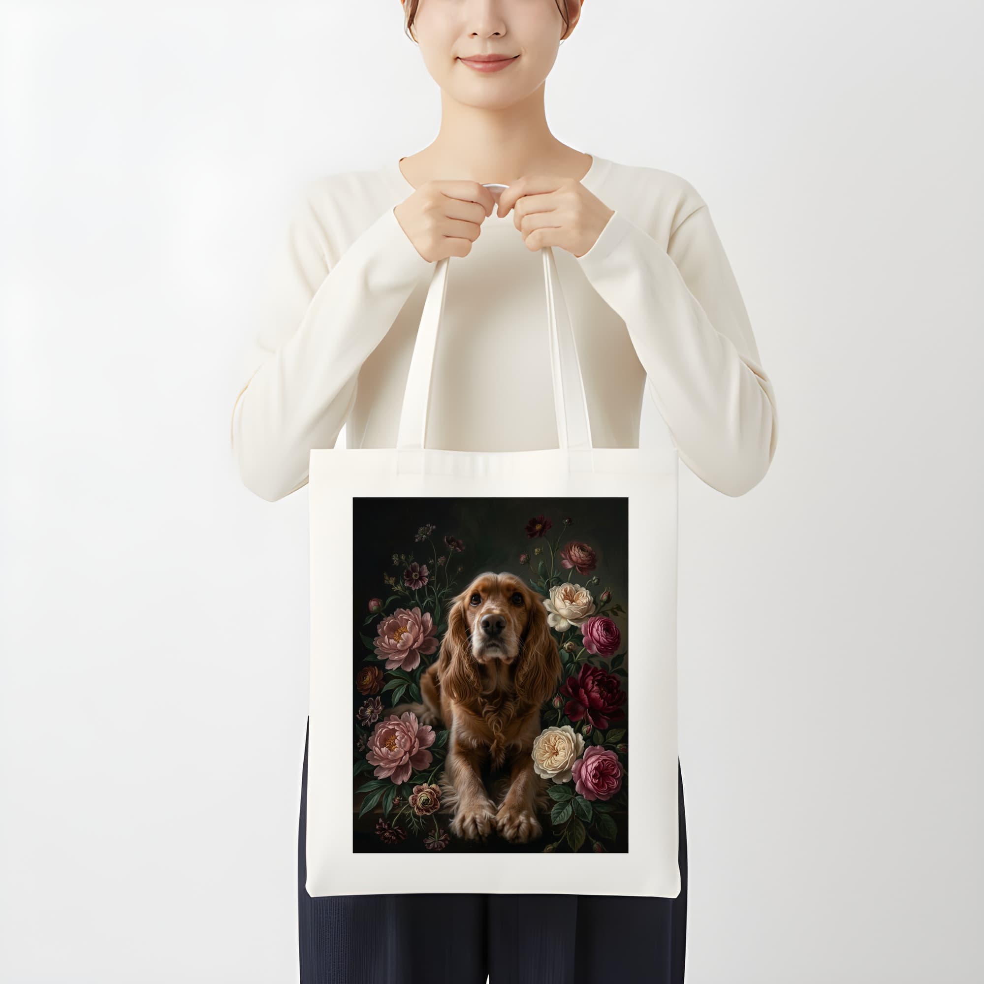 コッカースパニエルの花の油絵風アート花柄トートバッグ 3