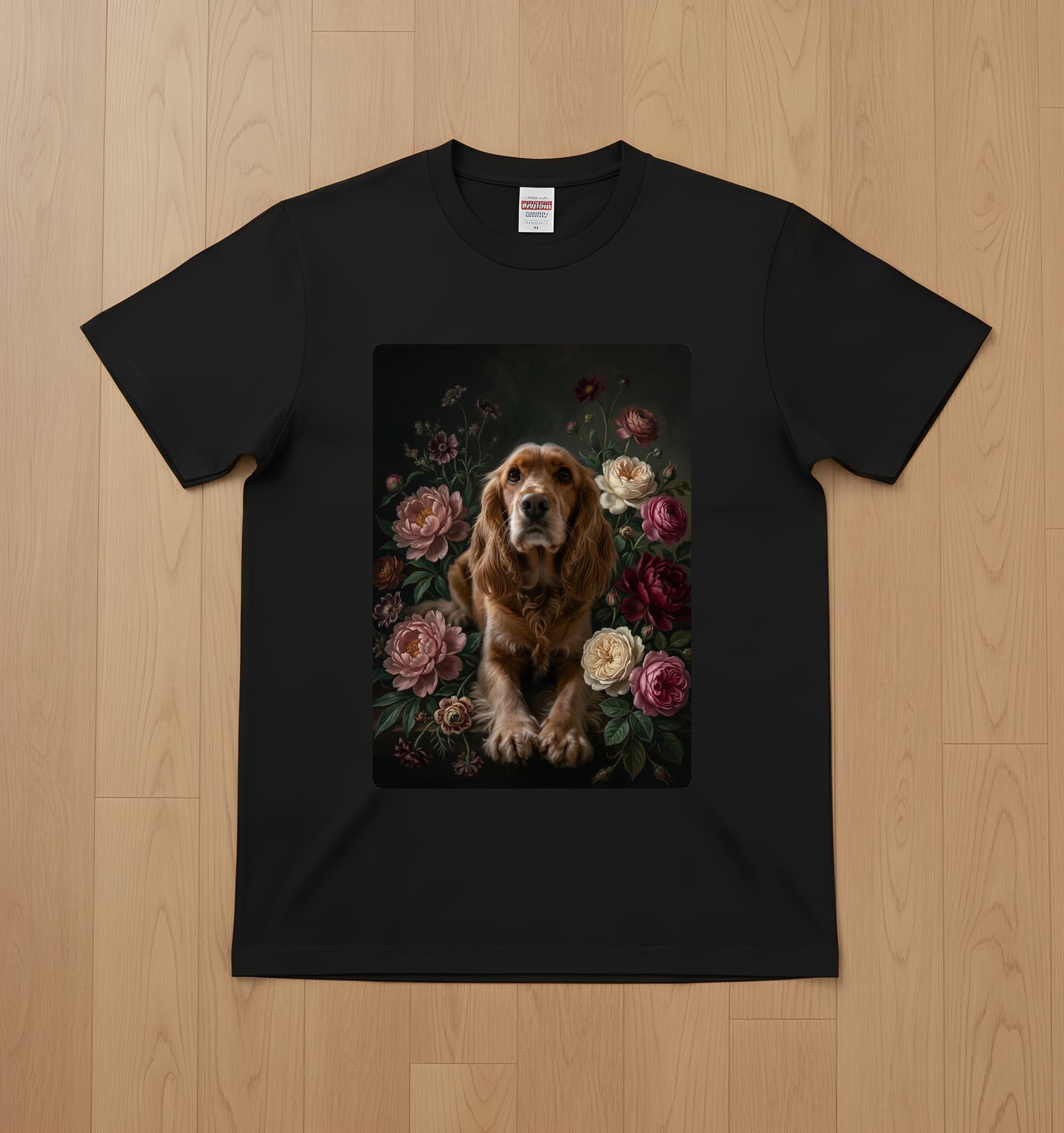 コッカースパニエルの花の油絵風アート花柄Tシャツ(ブラック)
