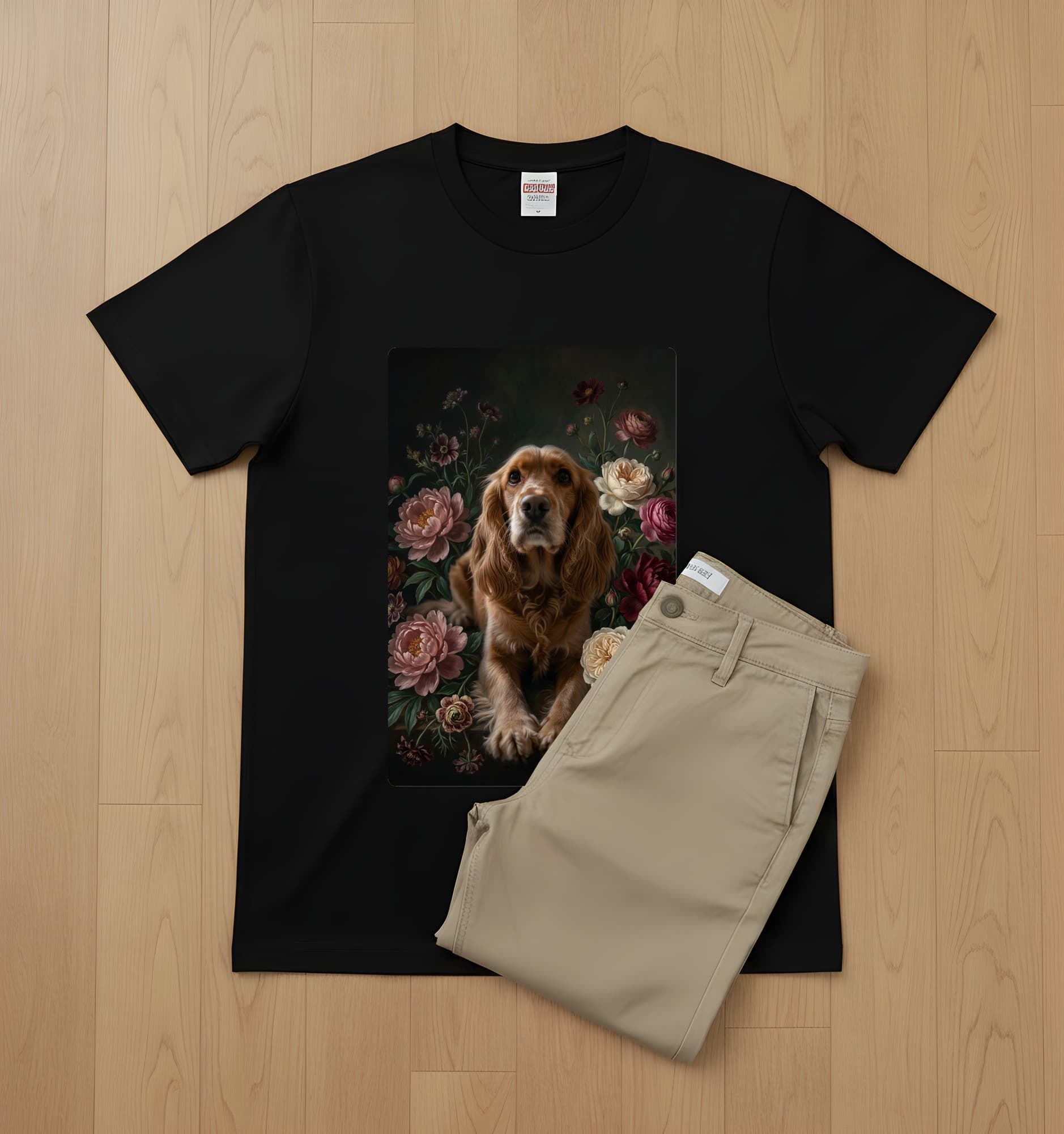 コッカースパニエルの花の油絵風アート花柄Tシャツ(ブラック) 2