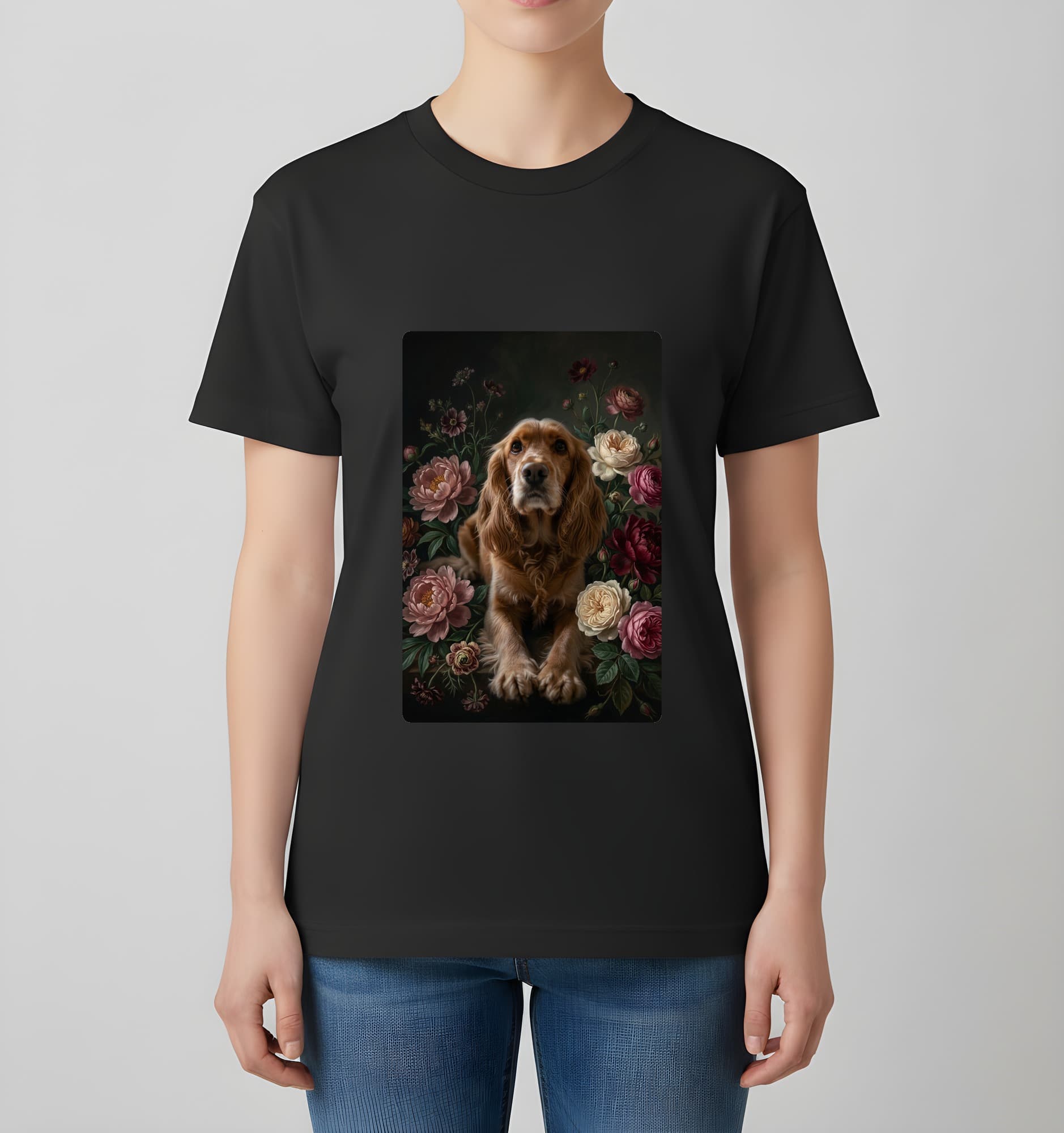 コッカースパニエルの花の油絵風アート花柄Tシャツ(ブラック) 4