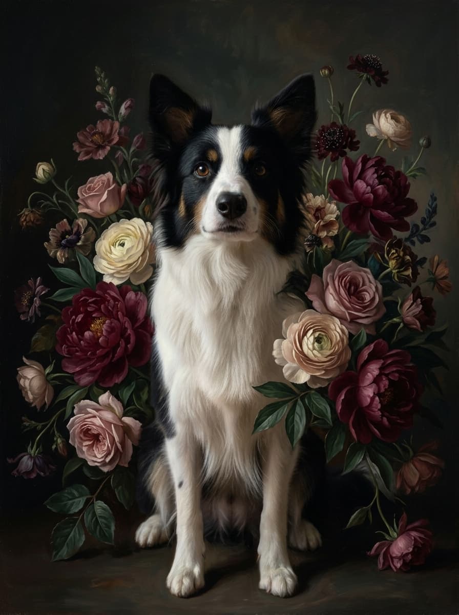 ボーダーコリーの花の油絵風アート花柄額装プリント(A4金縁) 4