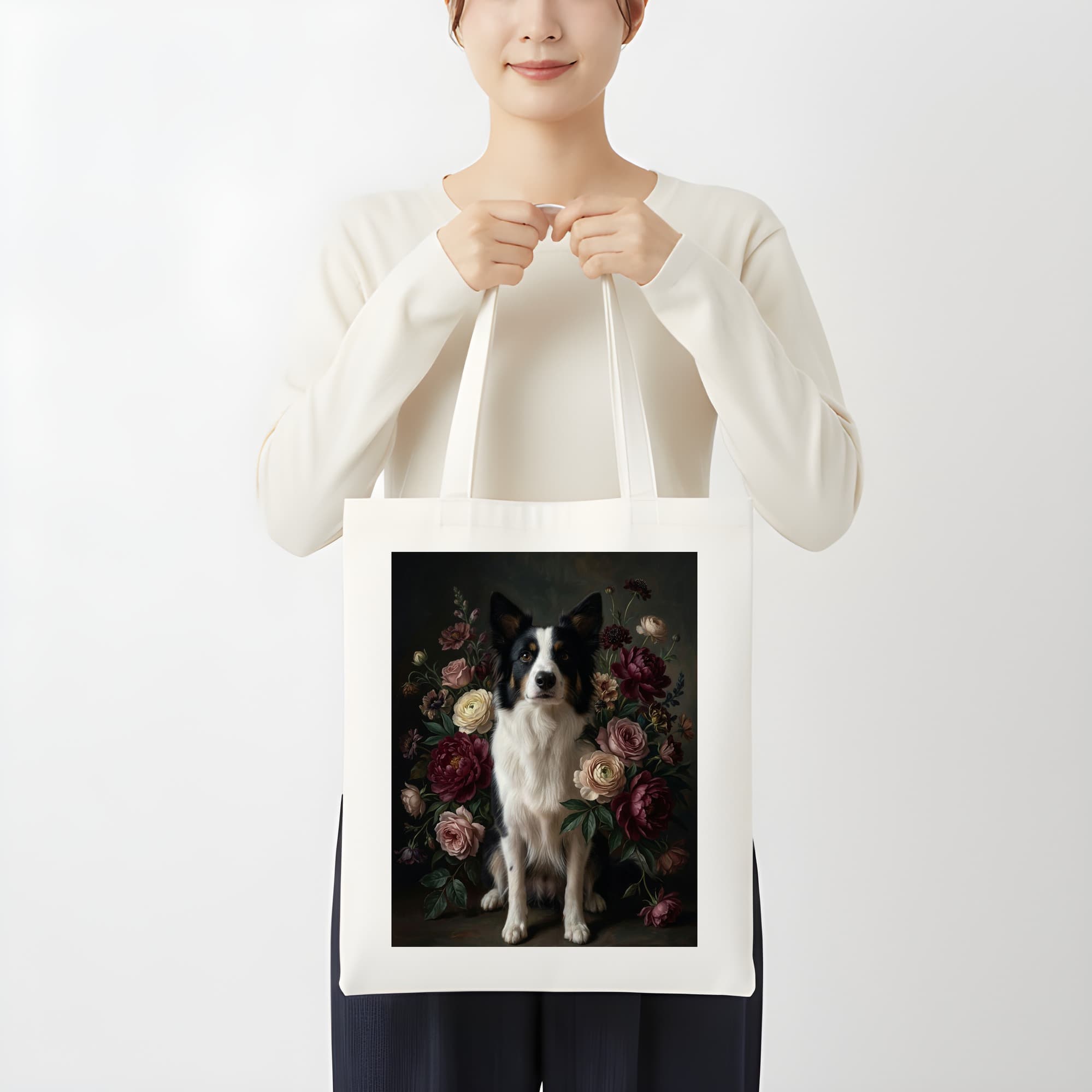 border collie Floral Oil-Painting Floral Tote Bag 3