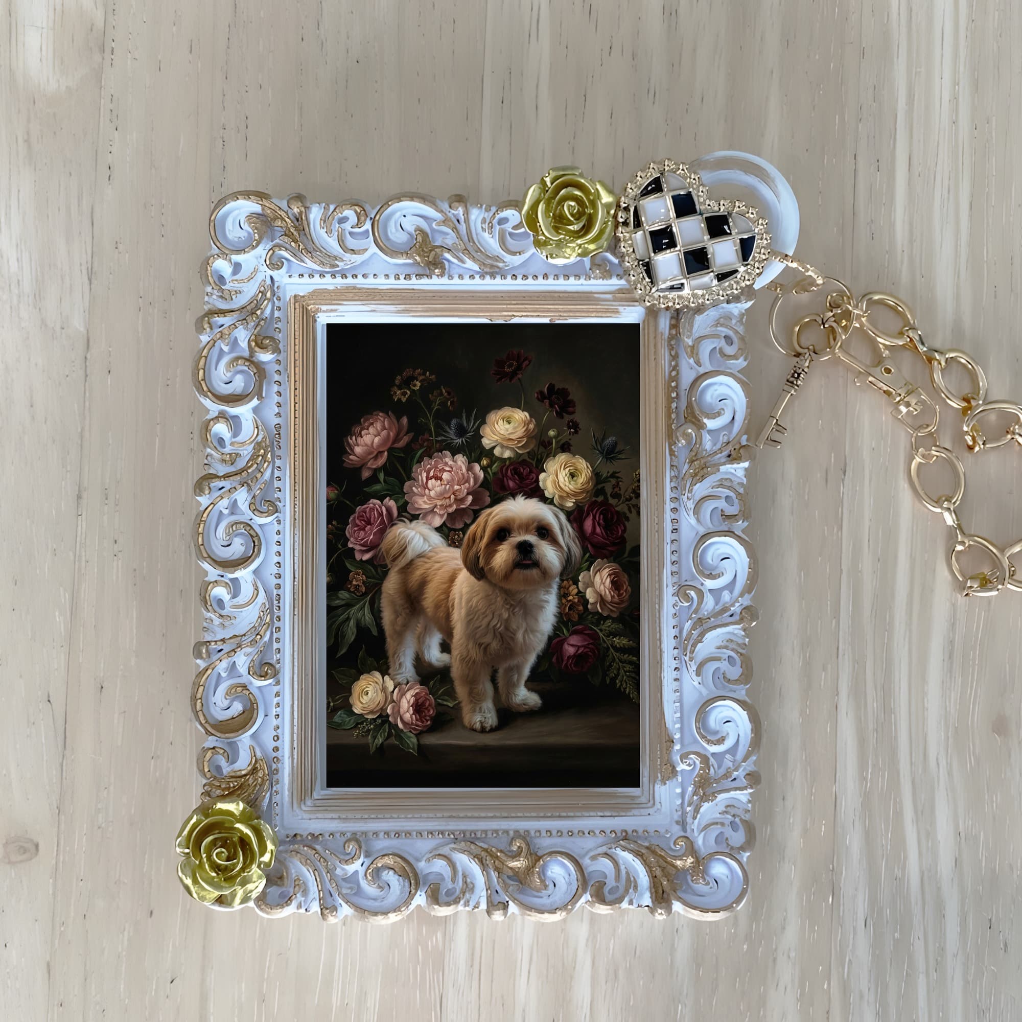 Shih Tzu Floral Oil-Painting Floral Bag Charm (White)