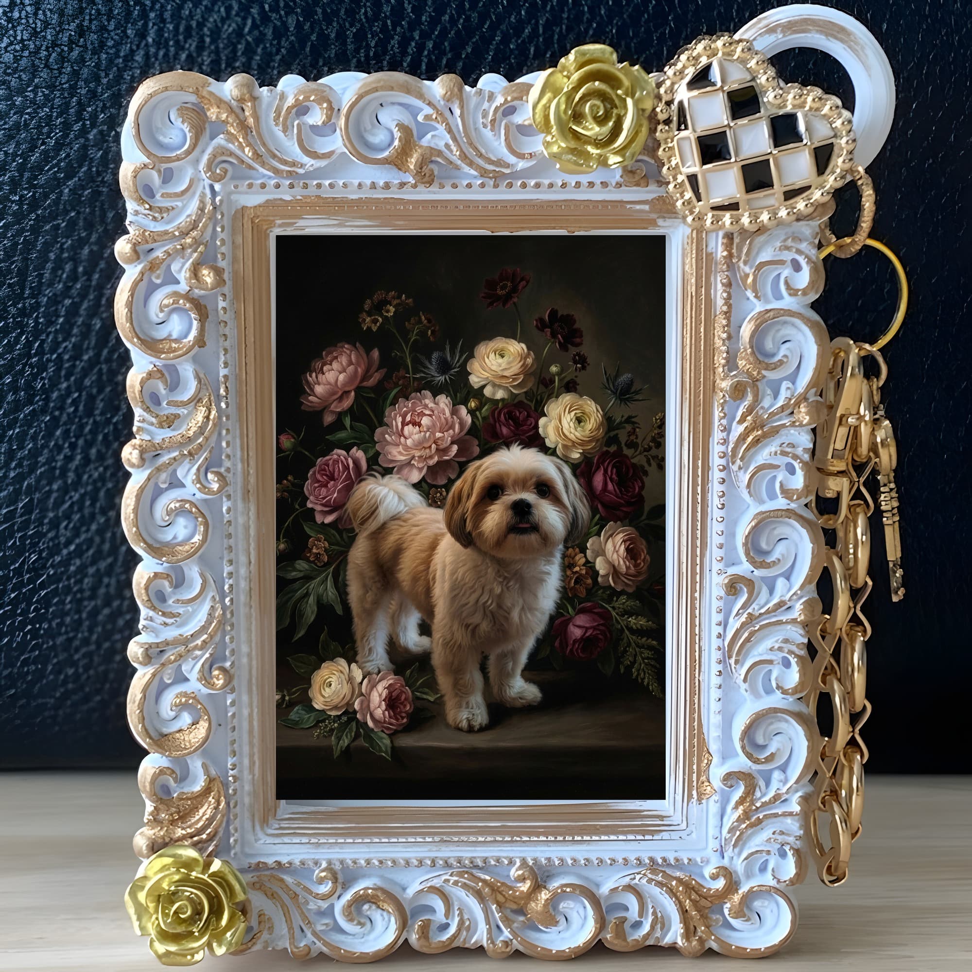 Shih Tzu Floral Oil-Painting Floral Bag Charm (White) 2