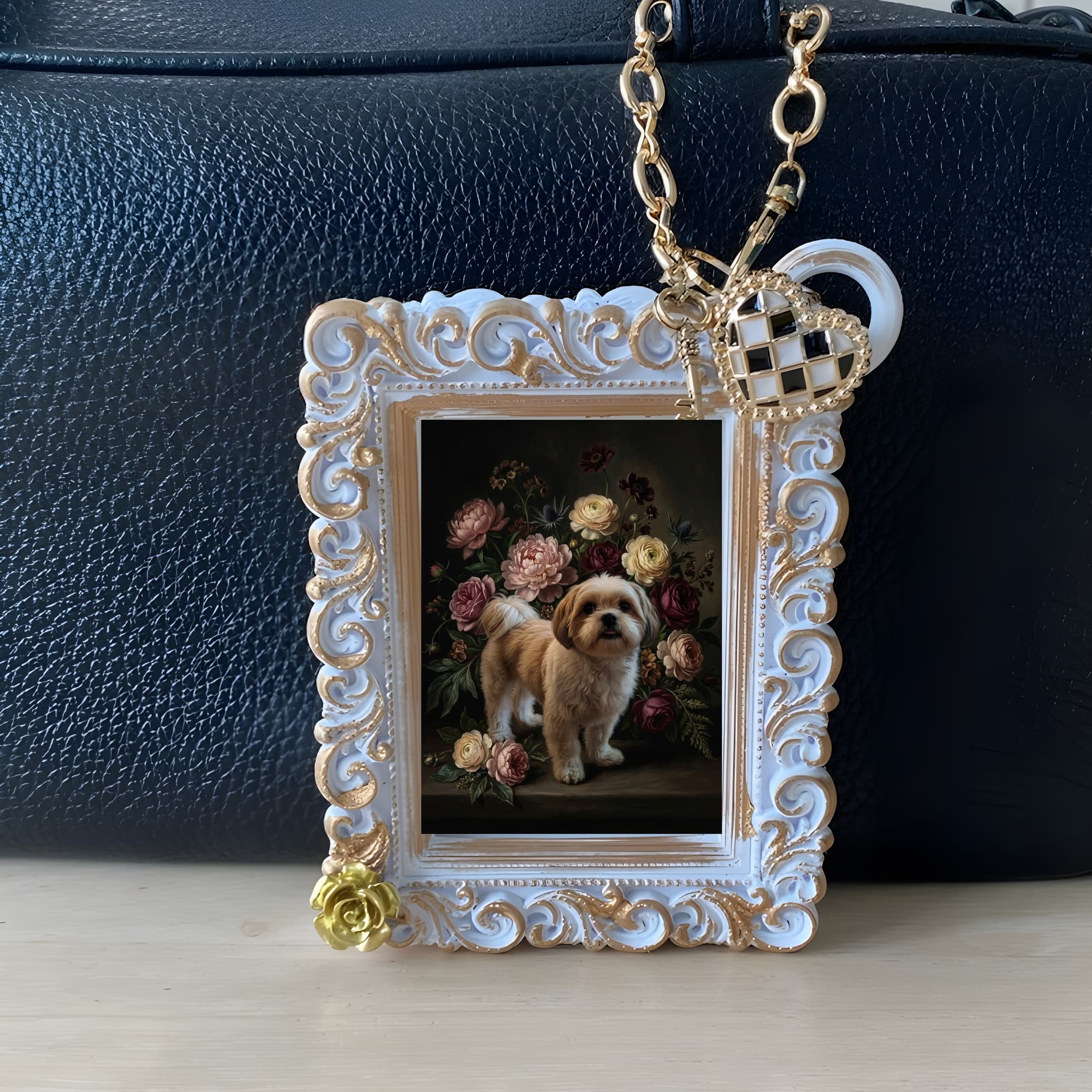 Shih Tzu Floral Oil-Painting Floral Bag Charm (White) 3
