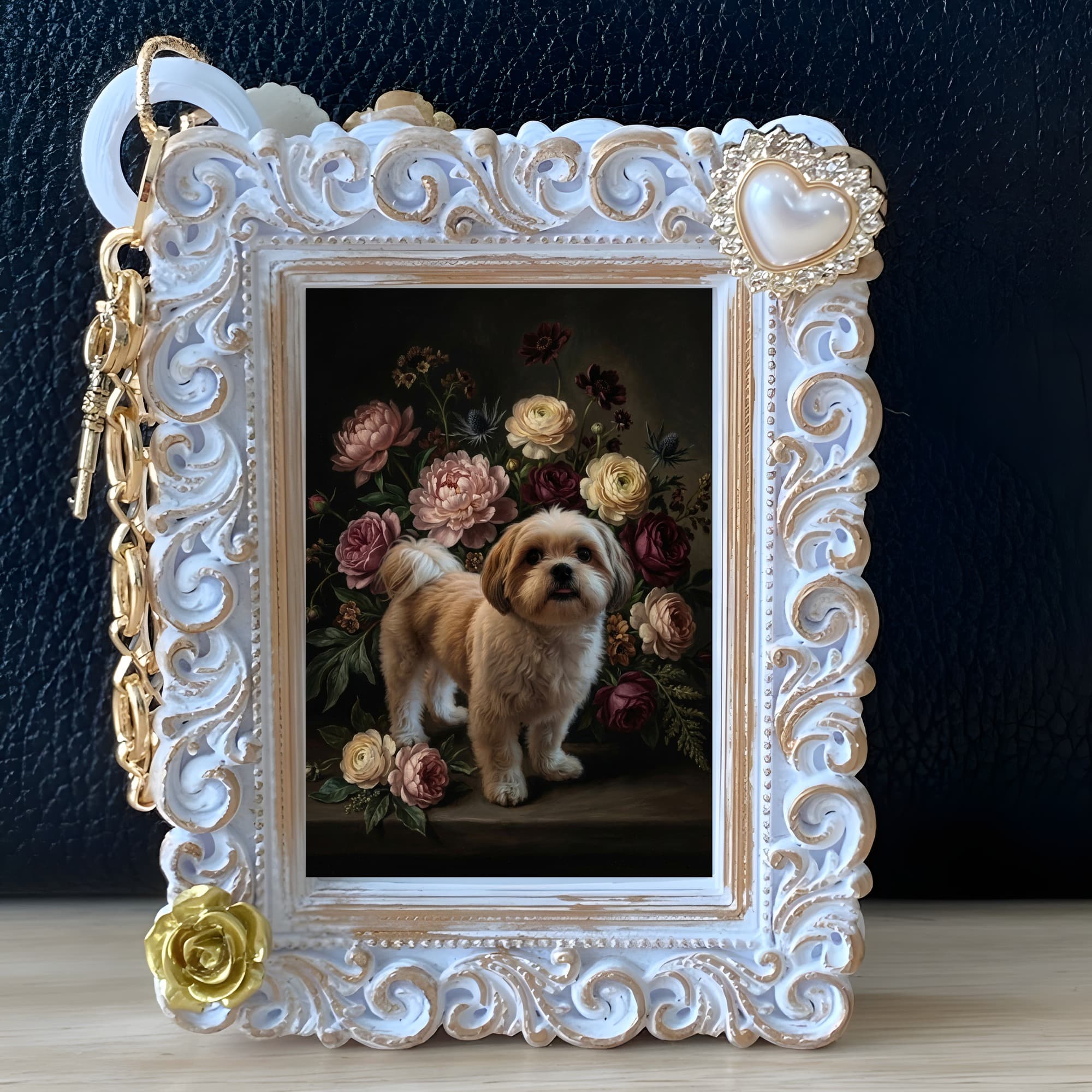 Shih Tzu Floral Oil-Painting Floral Bag Charm (White) 5
