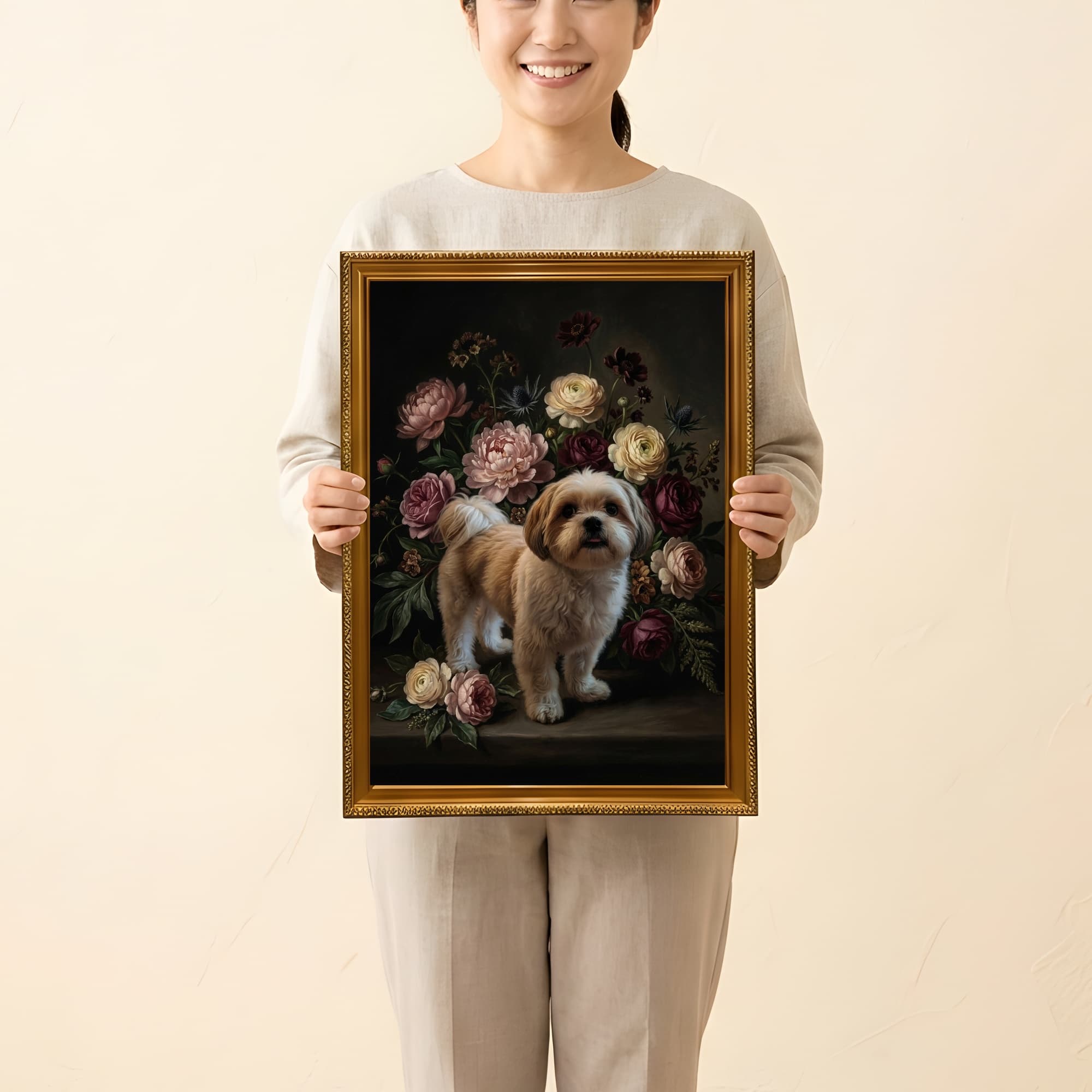 シーズーの花の油絵風アート花柄額装プリント(A3サイズ) 2