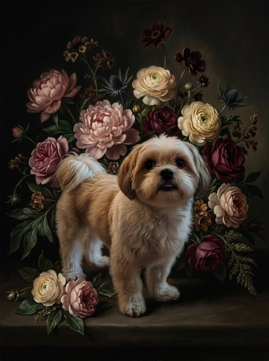 シーズーの花の油絵風アート花柄額装プリント(A3サイズ) 4