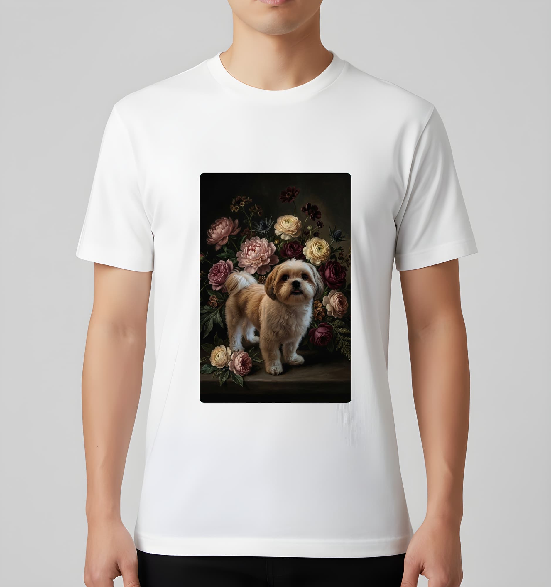 シーズーの花の油絵風アート花柄Tシャツ(ホワイト) 3