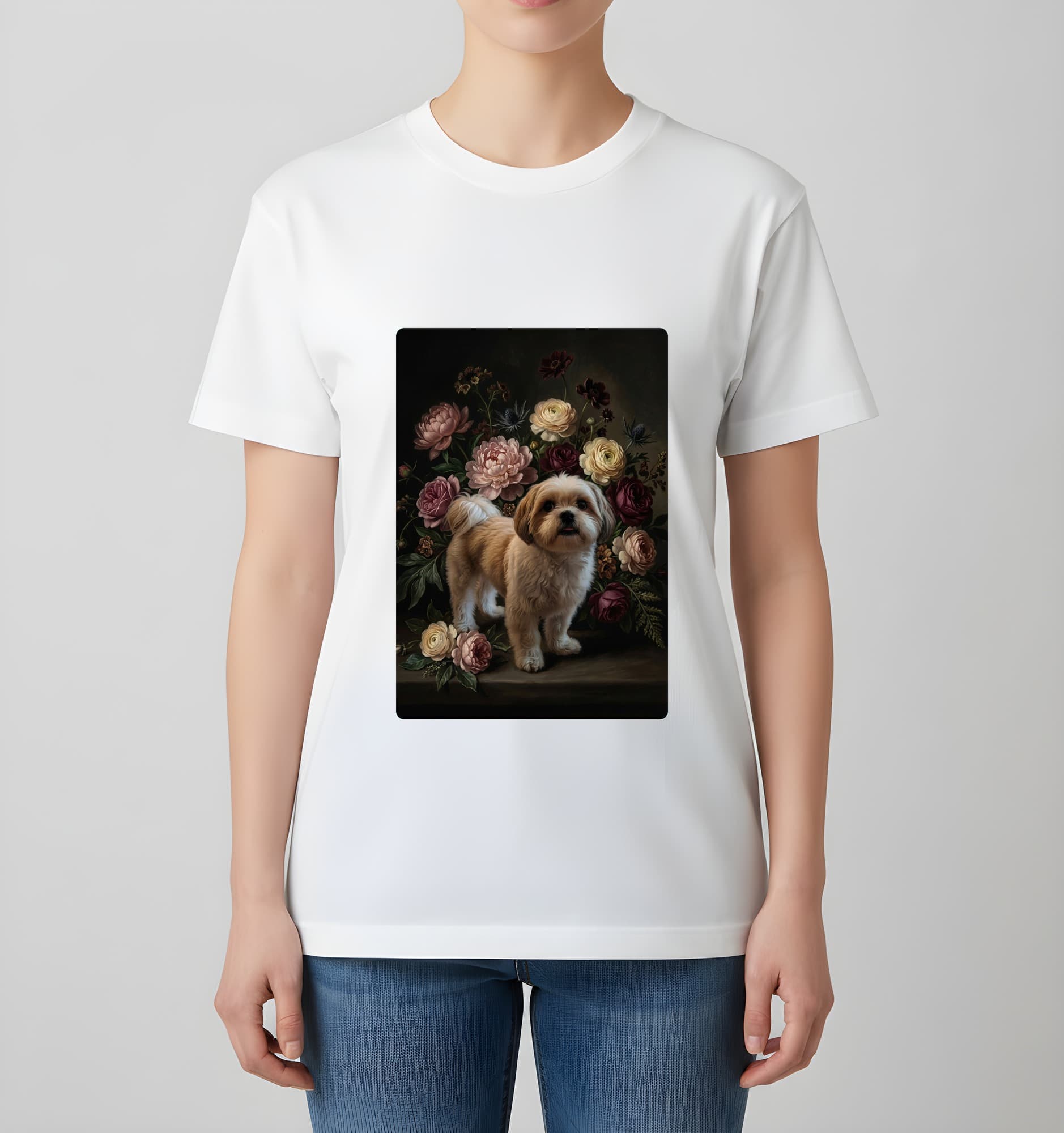 シーズーの花の油絵風アート花柄Tシャツ(ホワイト) 4