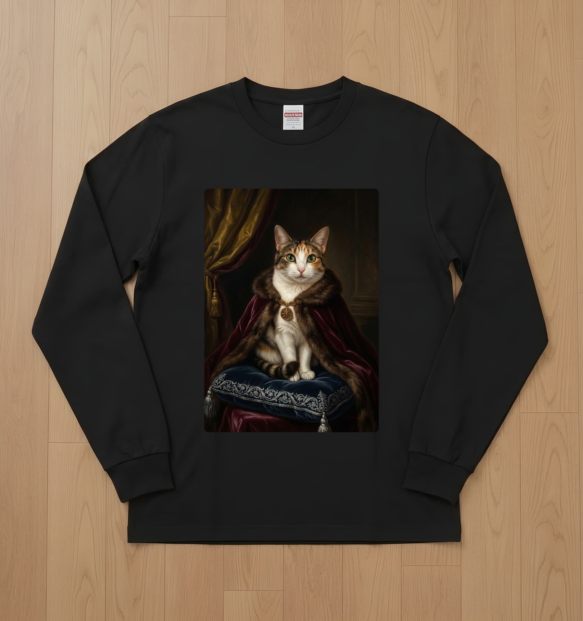 猫のルネサンス肖像画長袖Tシャツ(ブラック)
