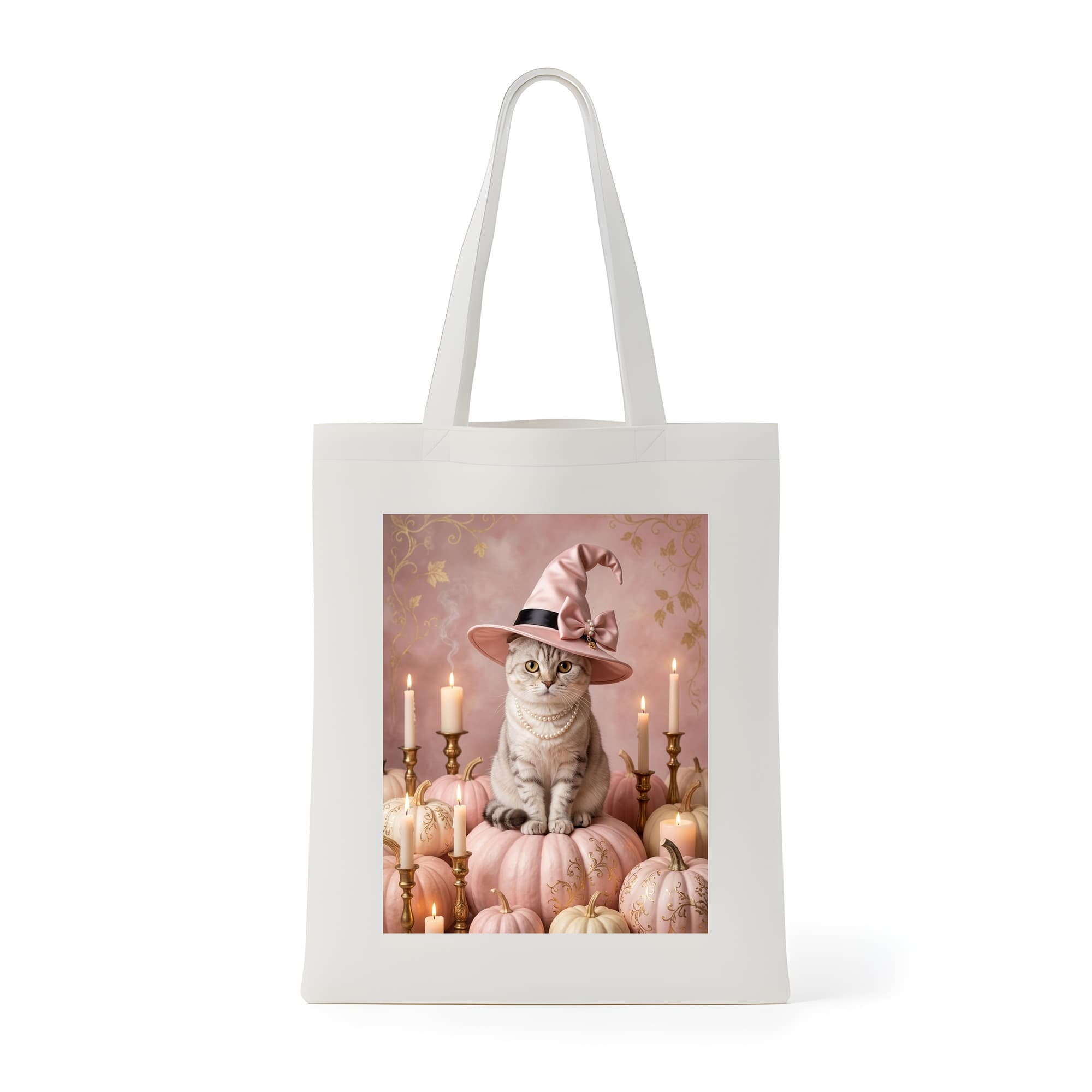 スコティッシュフォールドのかぼちゃとキャンドルの油絵風アートハロウィントートバッグ