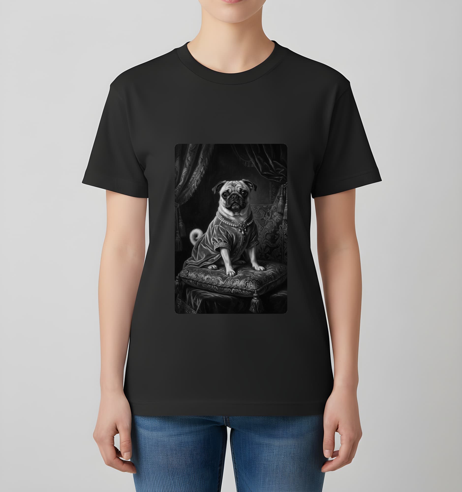 パグのルネサンス肖像画Tシャツ(ブラック・モノクロプリント・額縁なし) 4