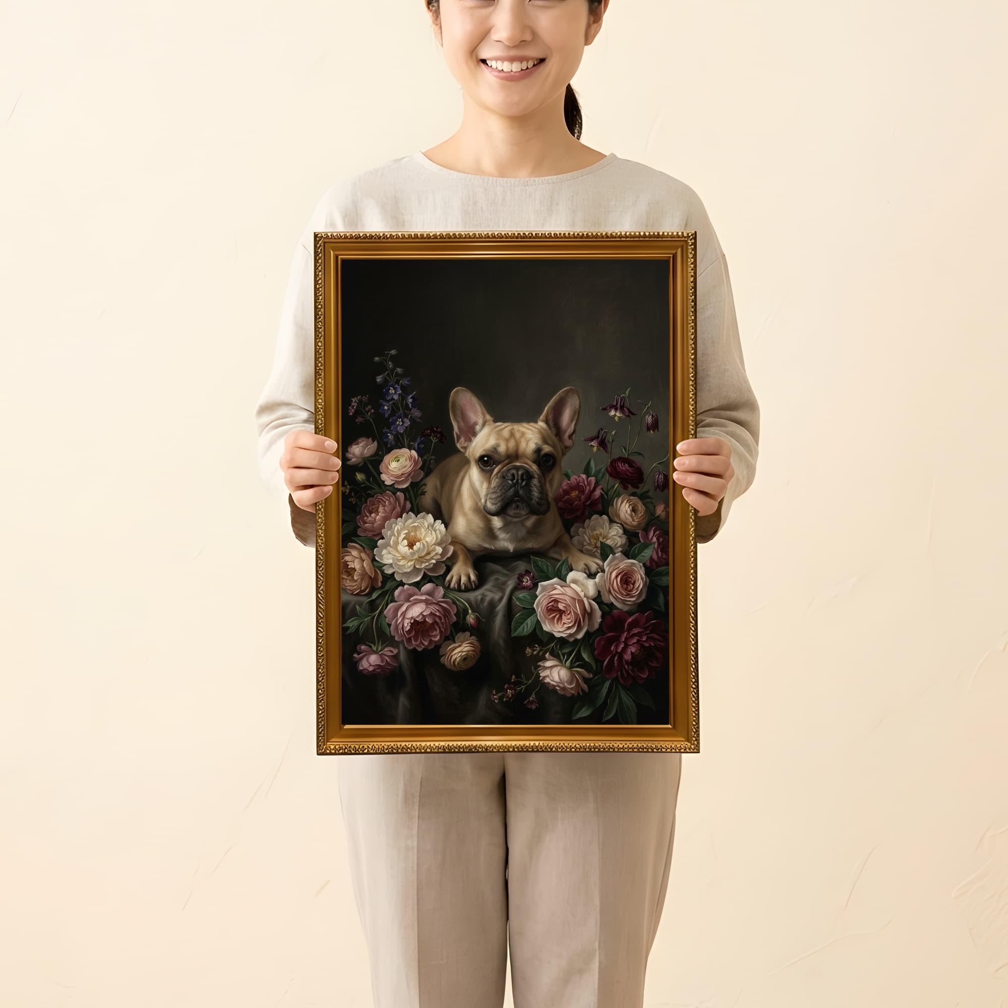 French bulldog Floral Oil-Painting Floral Framed Art Print (A3) 2