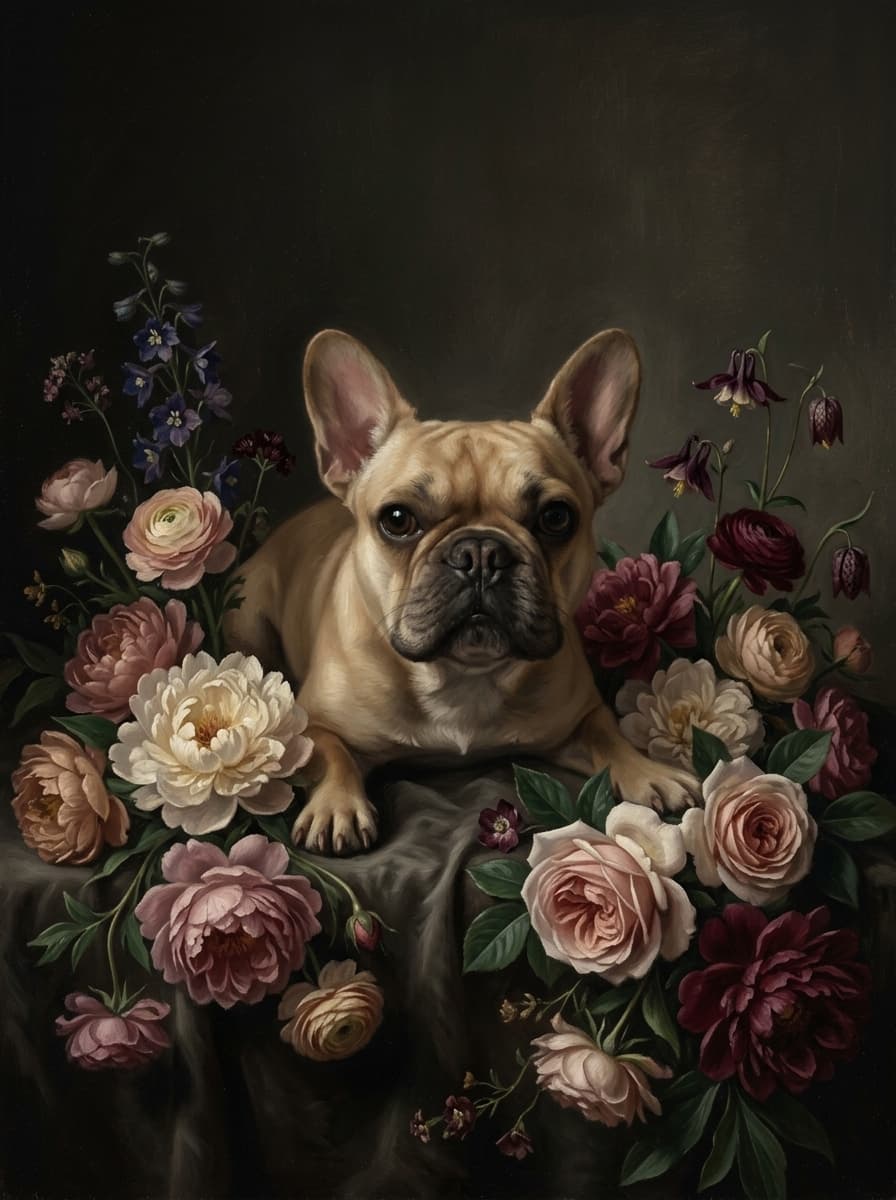 French bulldog Floral Oil-Painting Floral Framed Art Print (A3) 4