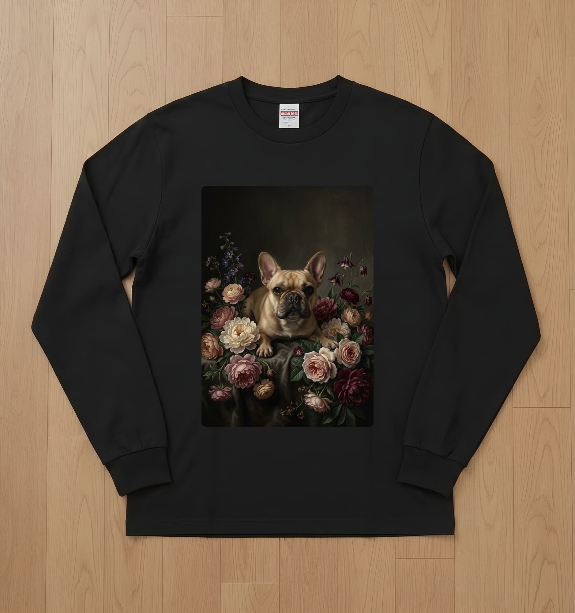 French bulldog Floral Oil-Painting Floral Long Sleeve T-Shirt (Black)