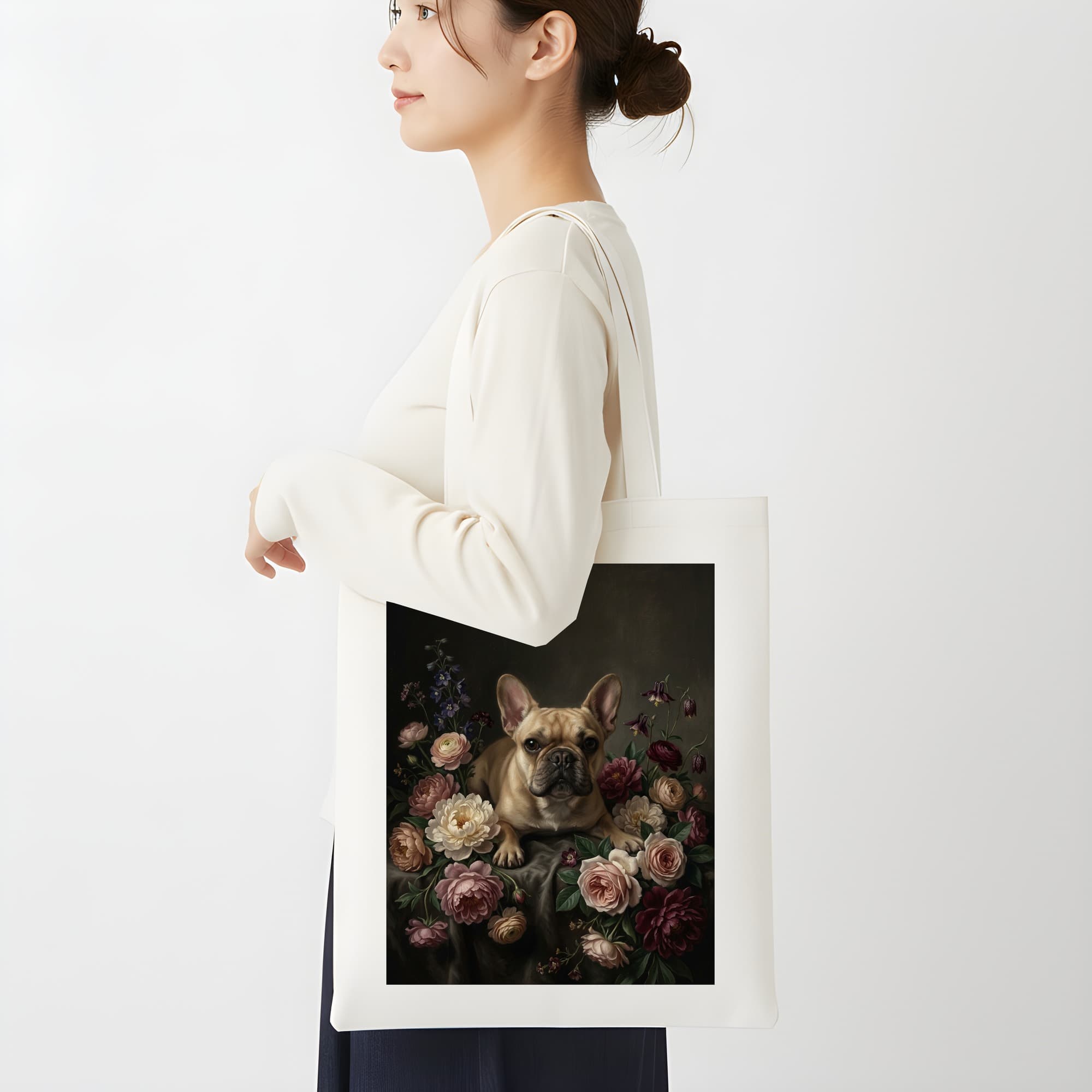 フレンチブルドッグの花の油絵風アート花柄トートバッグ 2
