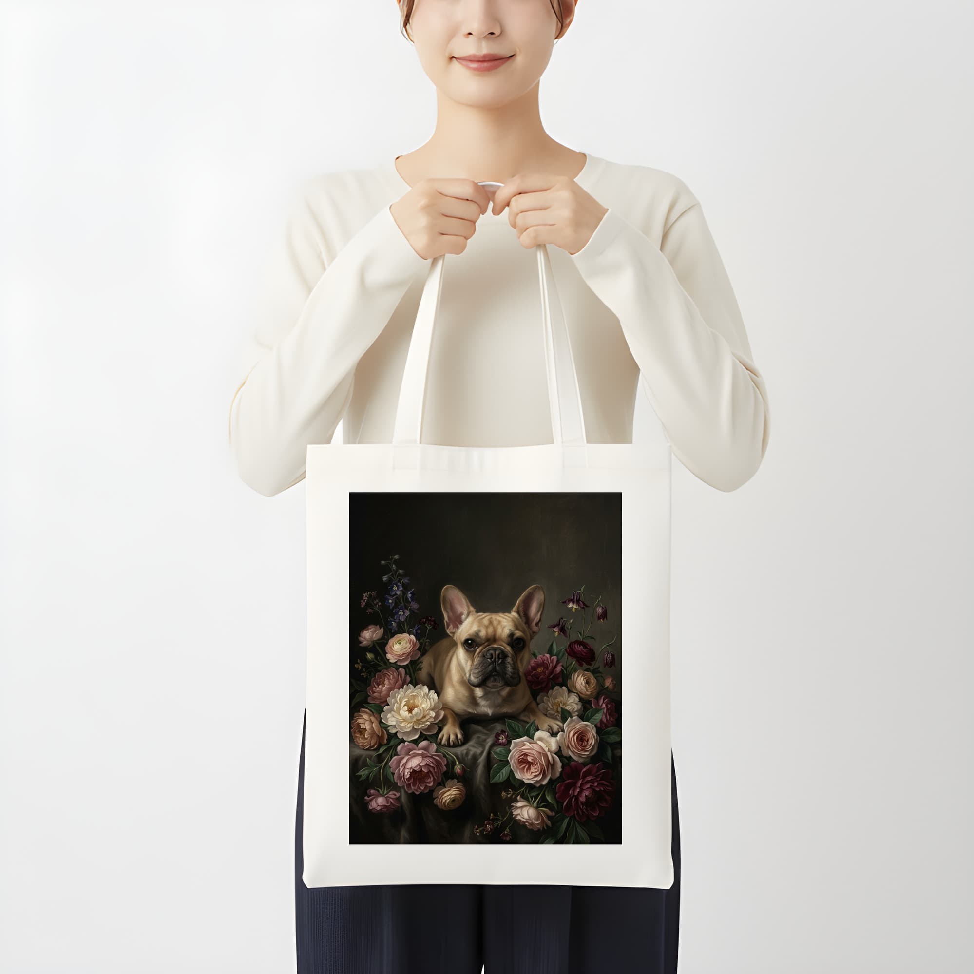 フレンチブルドッグの花の油絵風アート花柄トートバッグ 3