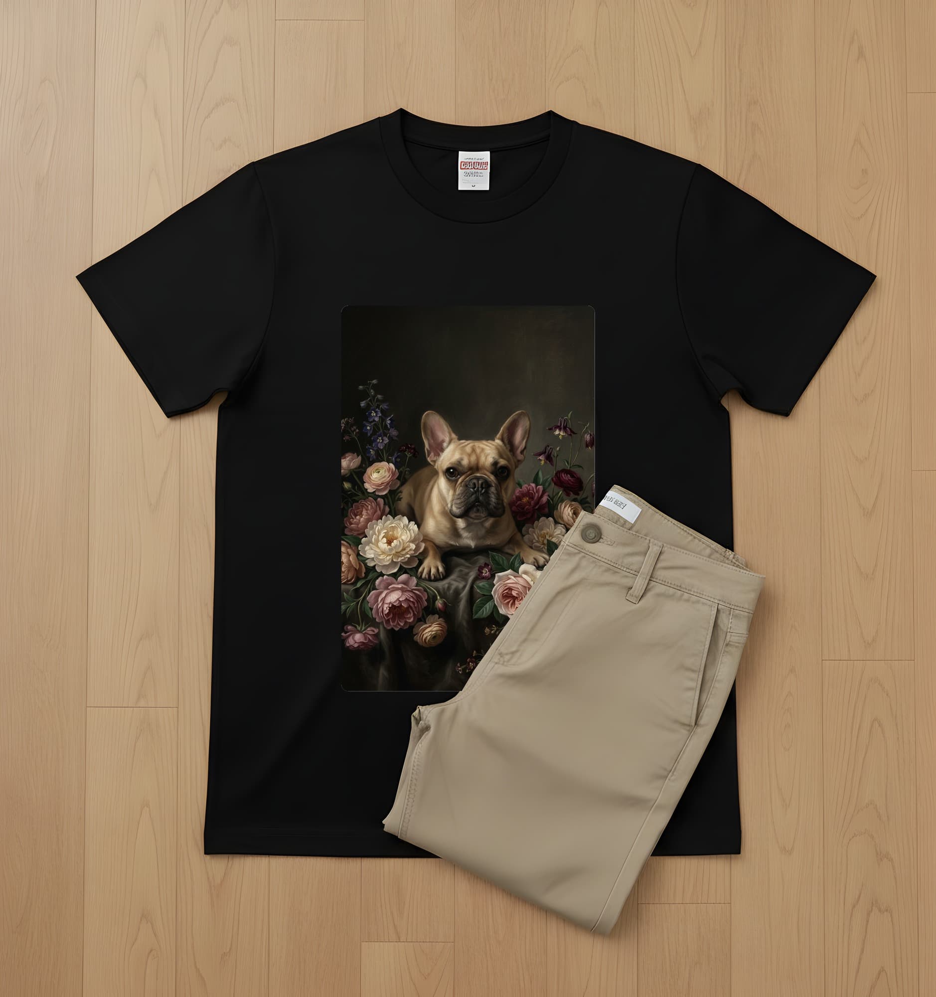 フレンチブルドッグの花の油絵風アート花柄Tシャツ(ブラック) 2