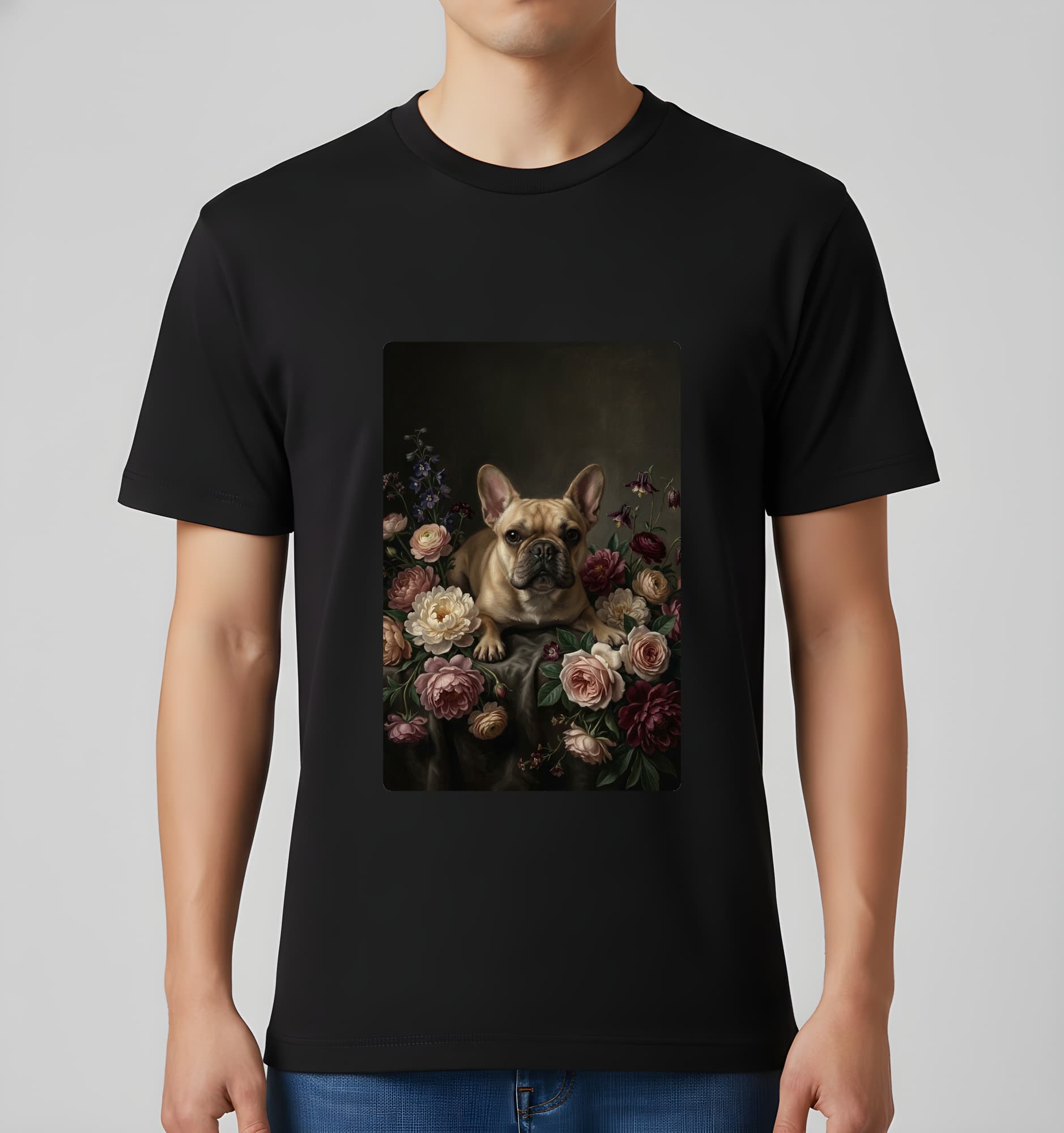 フレンチブルドッグの花の油絵風アート花柄Tシャツ(ブラック) 3