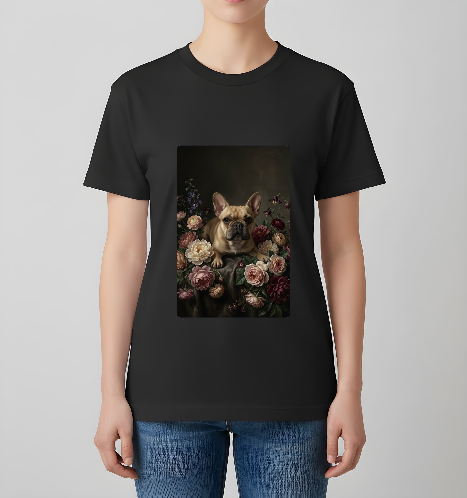 フレンチブルドッグの花の油絵風アート花柄Tシャツ(ブラック) 4