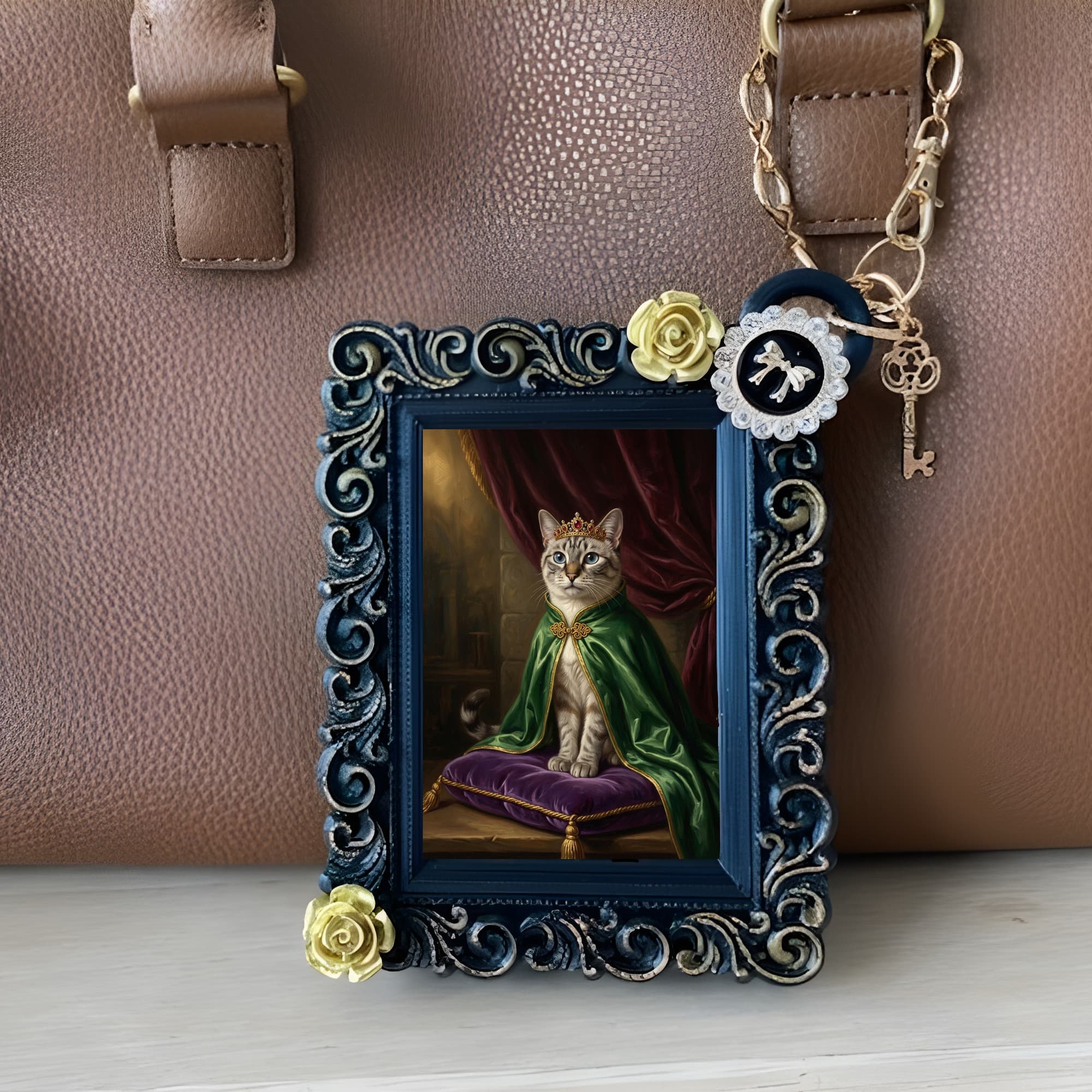 シャム猫のルネサンス肖像画バッグチャーム(ブラック) 3