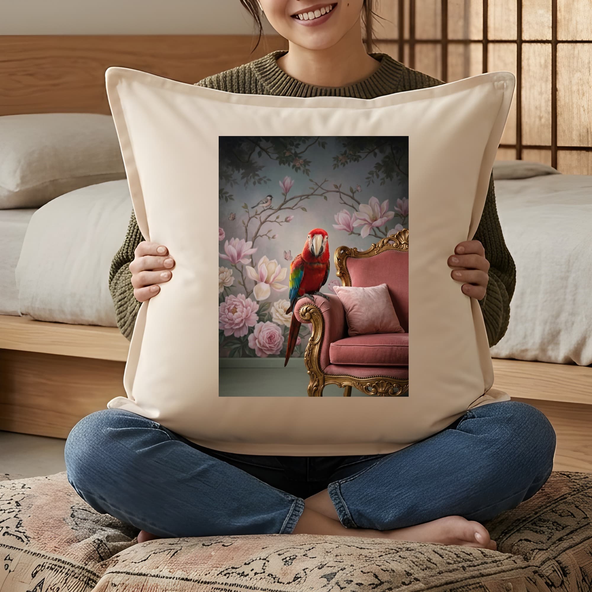 ベニコンゴウインコのシャビーピンクの油絵風アートロココ調クッション 3