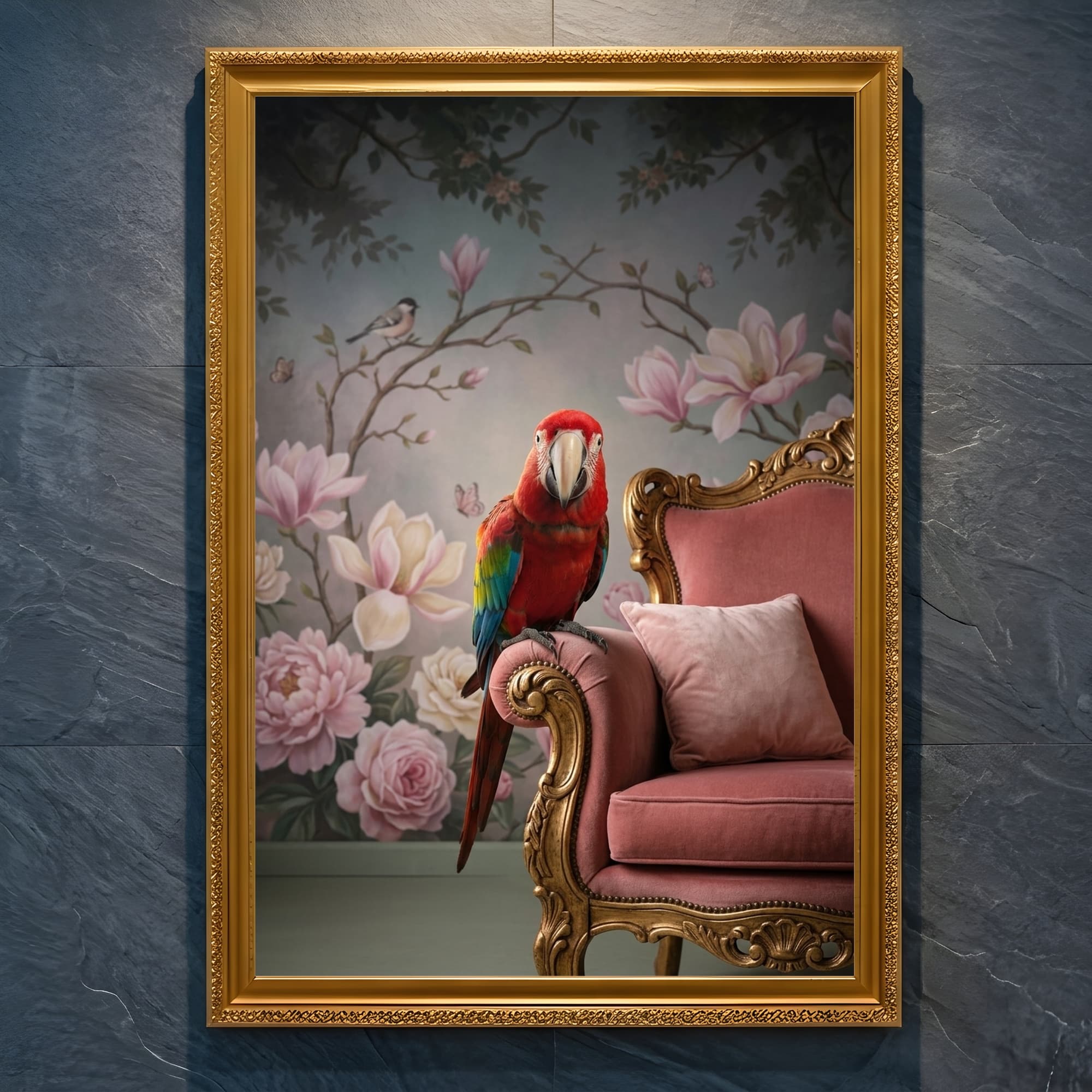 Green-winged Macaw Shabby Pink Oil-Painting Rococo Framed Art Print (A4 Gold)