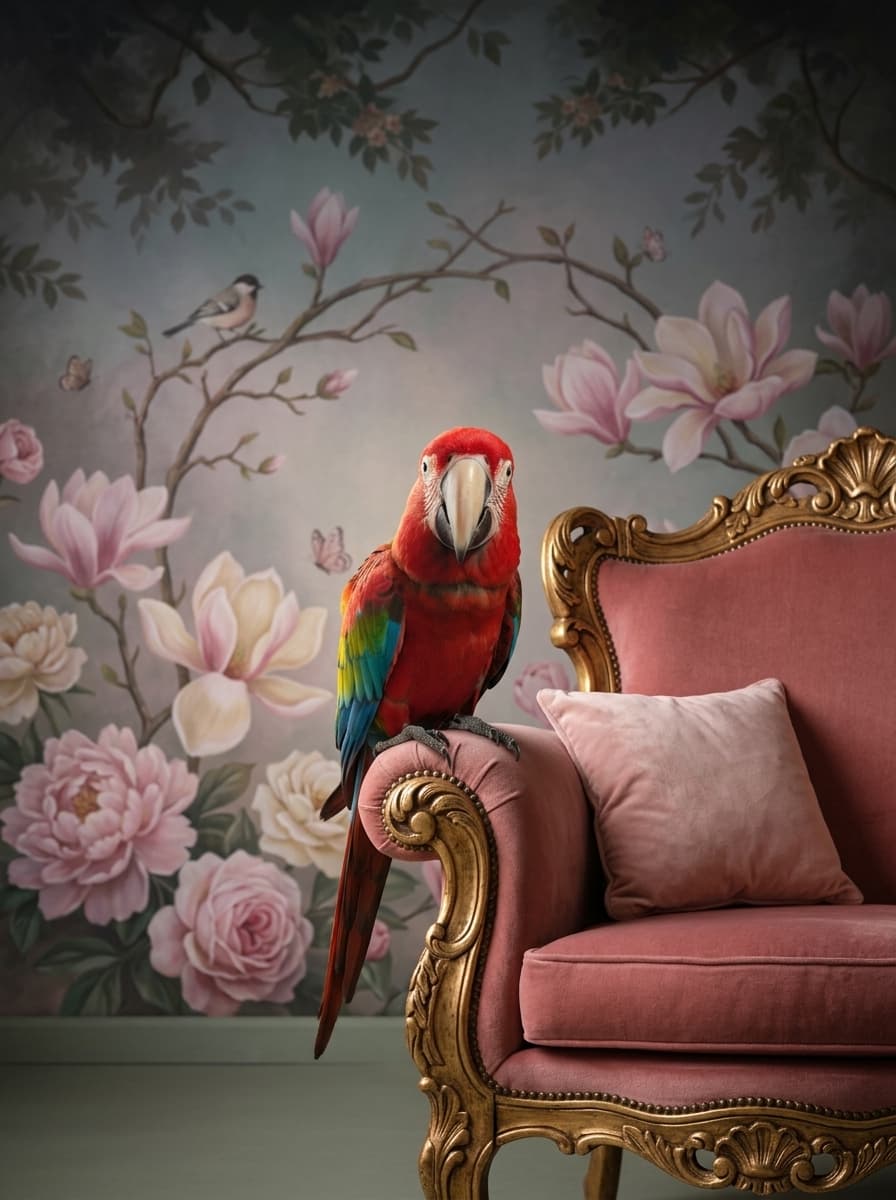 Green-winged Macaw Shabby Pink Oil-Painting Rococo Framed Art Print (A4 Gold) 4
