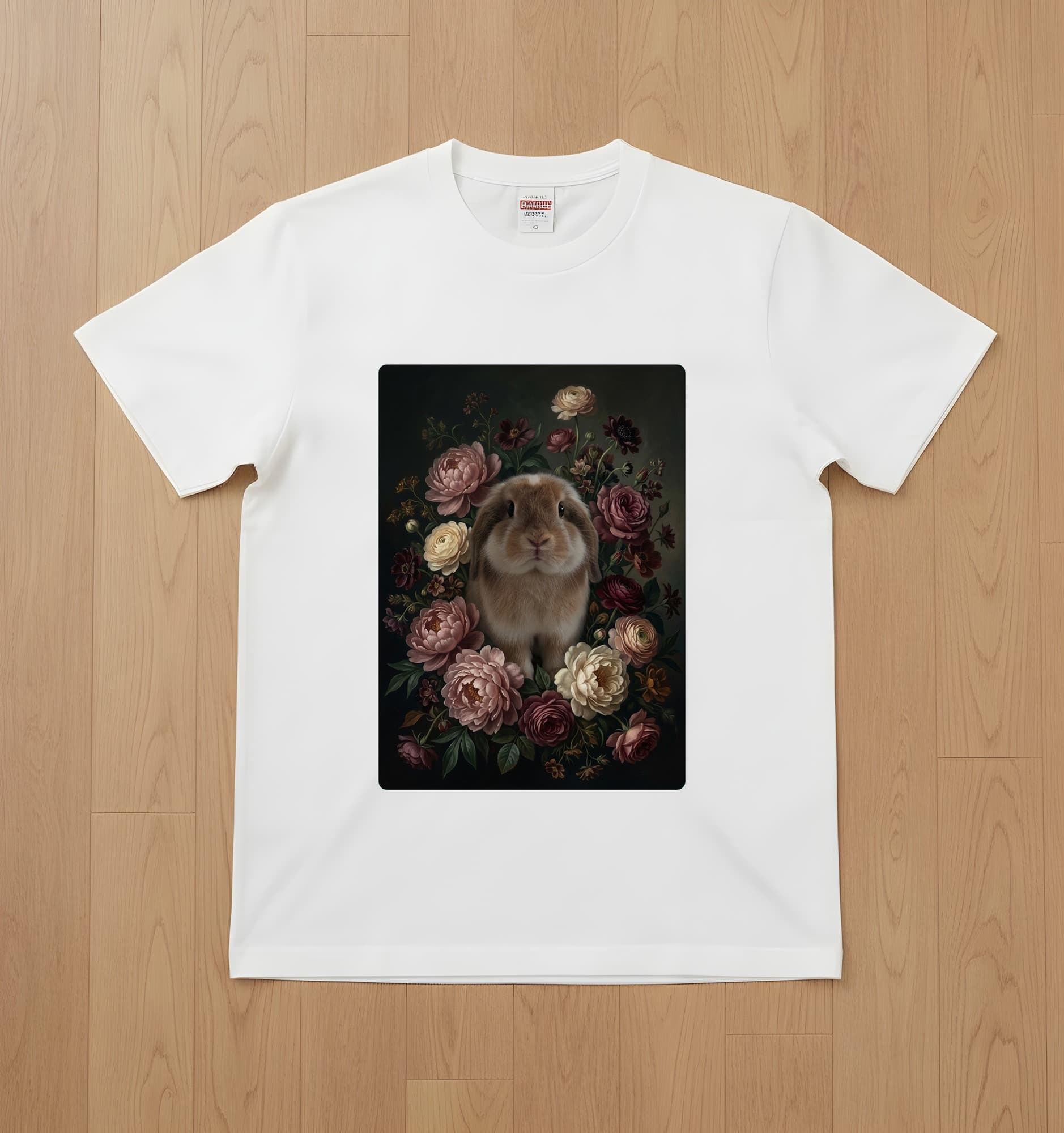 アメリカンファジーロップの花の油絵風アート花柄Tシャツ(ホワイト)