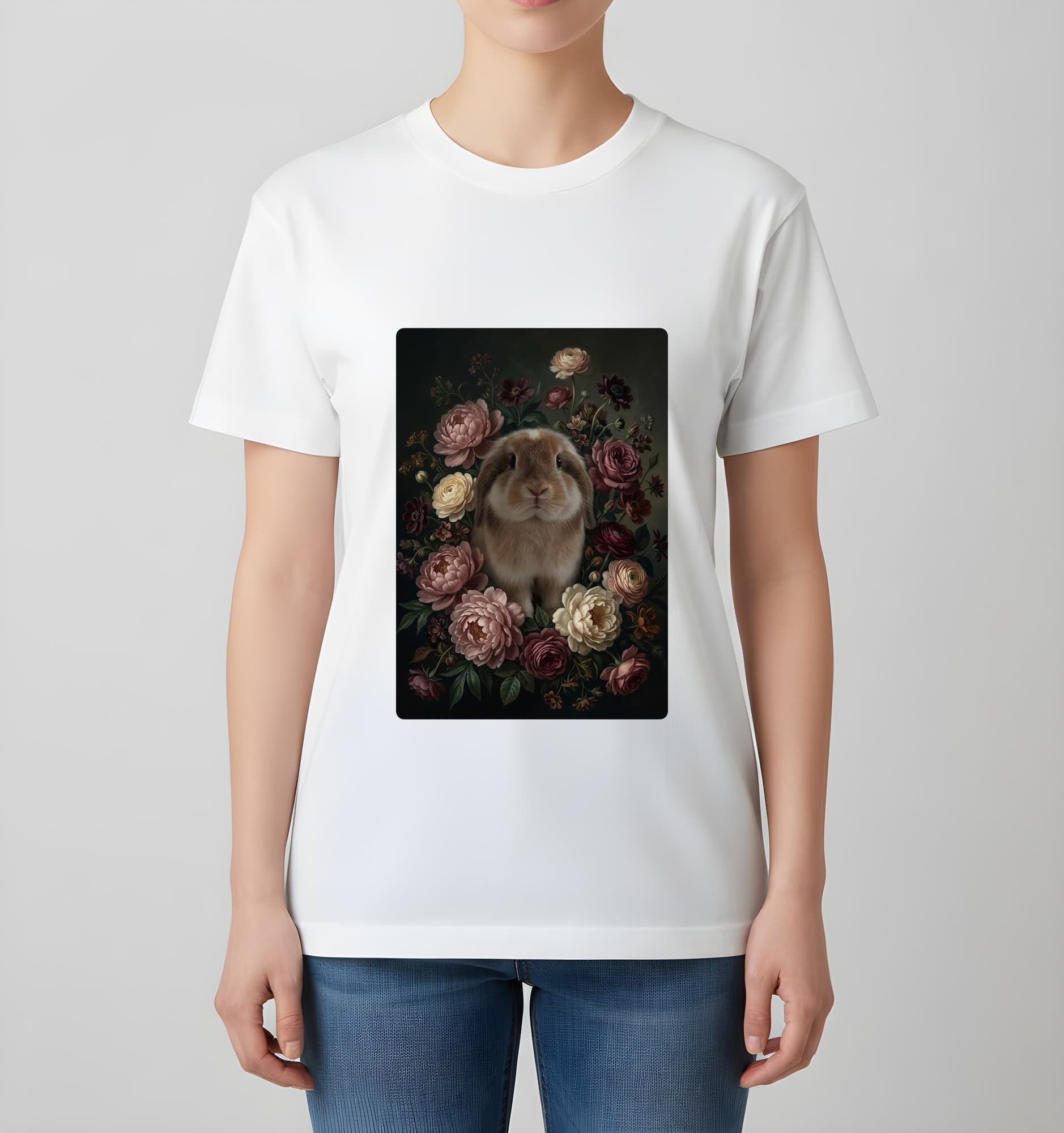 アメリカンファジーロップの花の油絵風アート花柄Tシャツ(ホワイト) 4