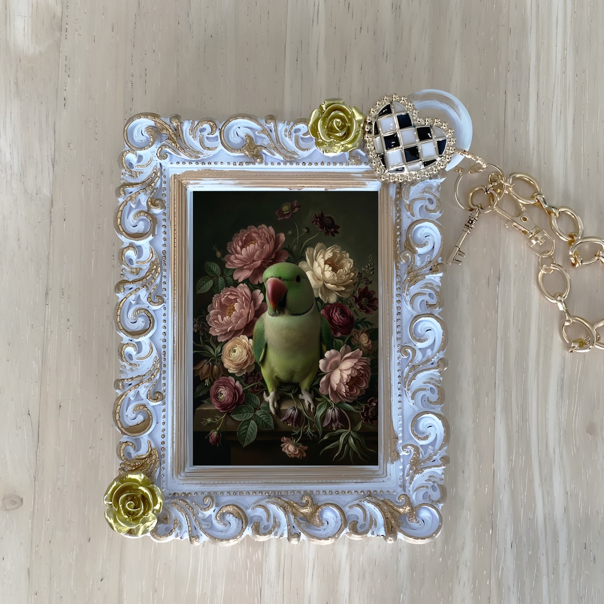 Alexandrine Parakeet Floral Oil-Painting Floral Bag Charm (White)