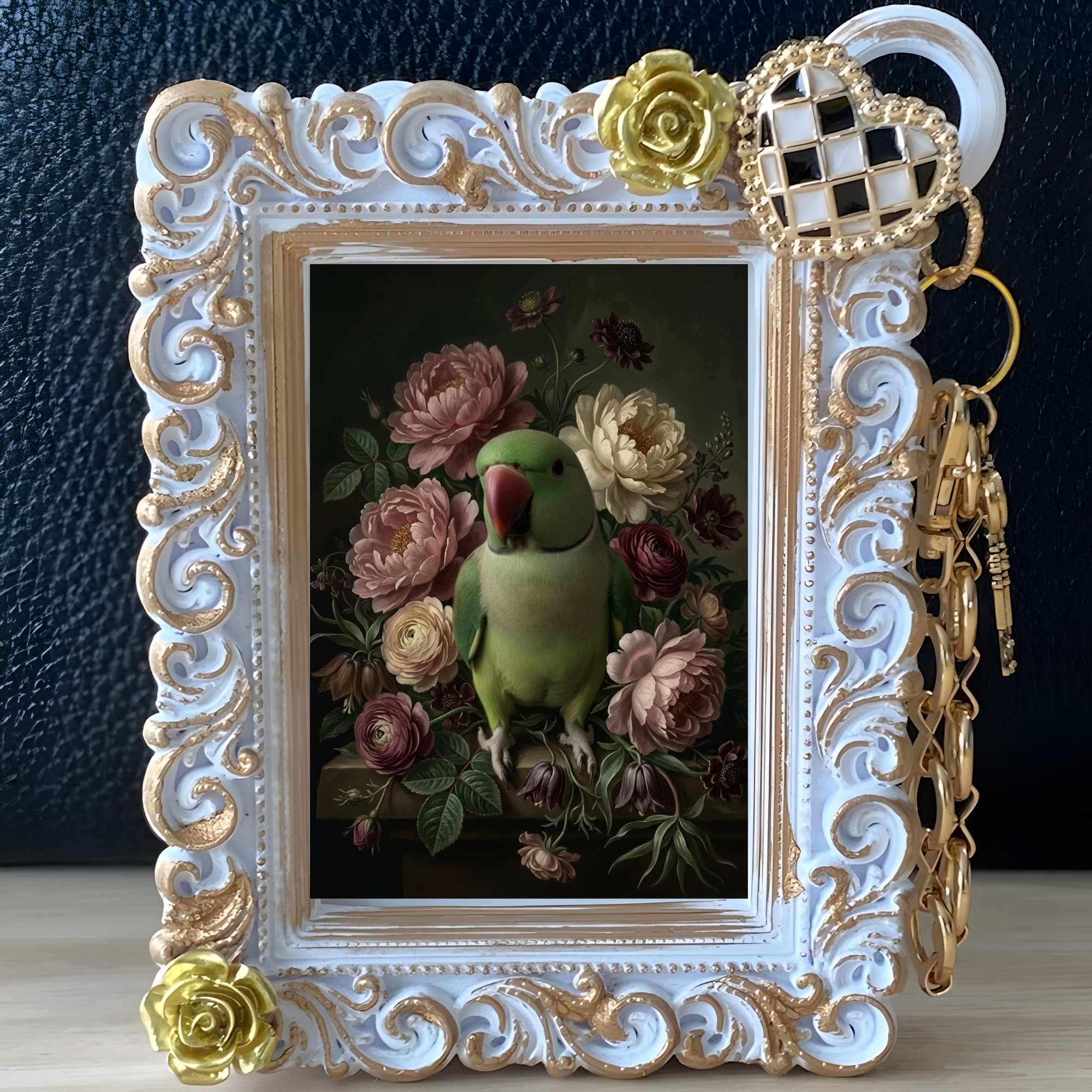 Alexandrine Parakeet Floral Oil-Painting Floral Bag Charm (White) 2