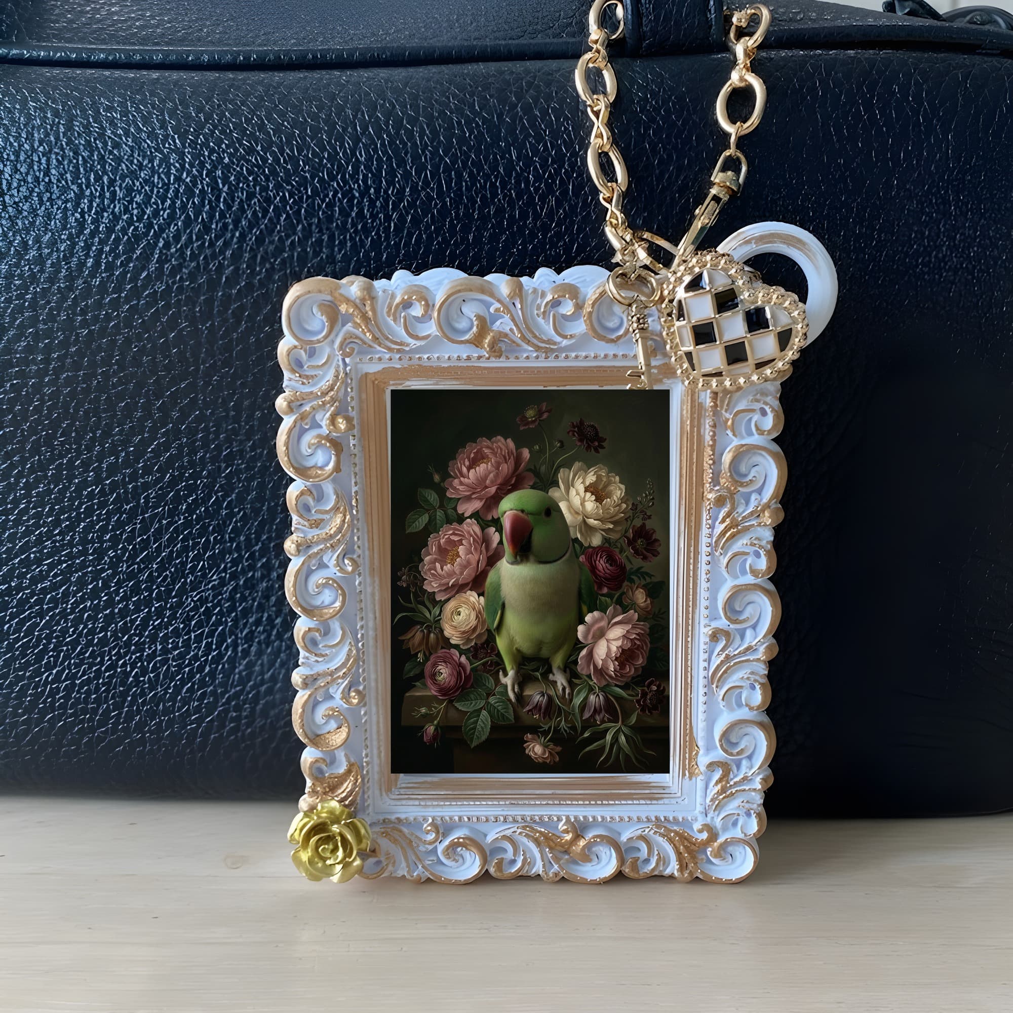 Alexandrine Parakeet Floral Oil-Painting Floral Bag Charm (White) 3