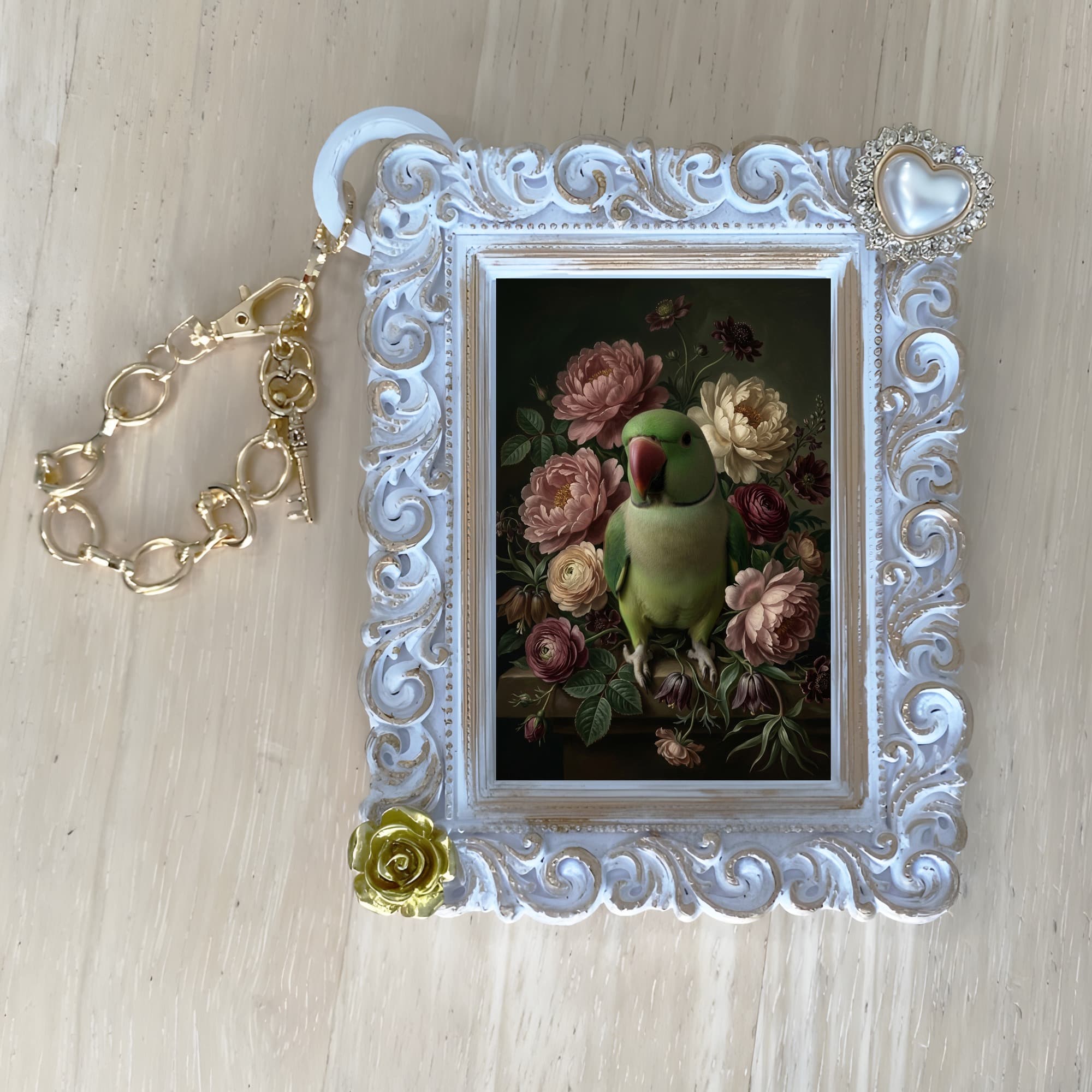 Alexandrine Parakeet Floral Oil-Painting Floral Bag Charm (White) 4