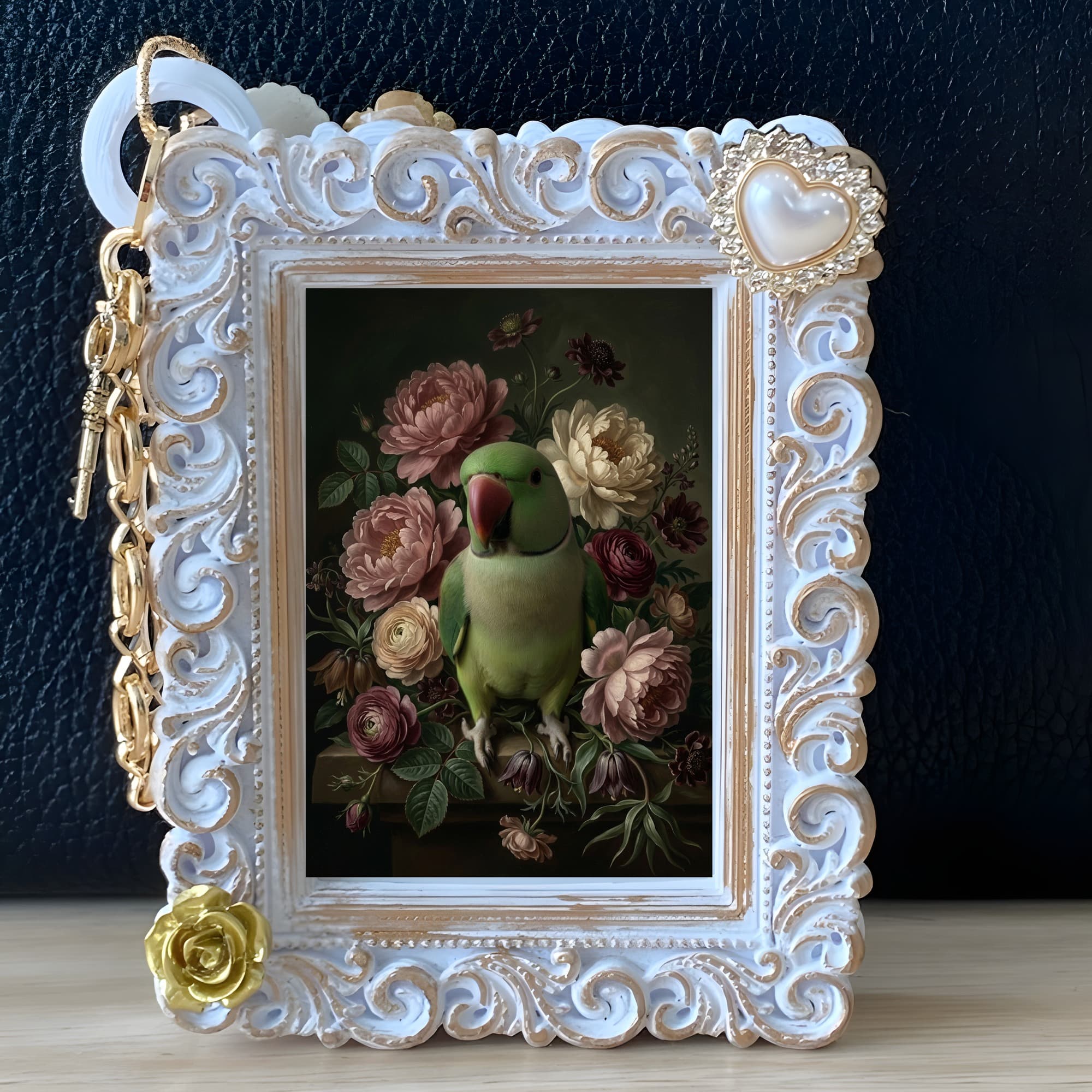 Alexandrine Parakeet Floral Oil-Painting Floral Bag Charm (White) 5