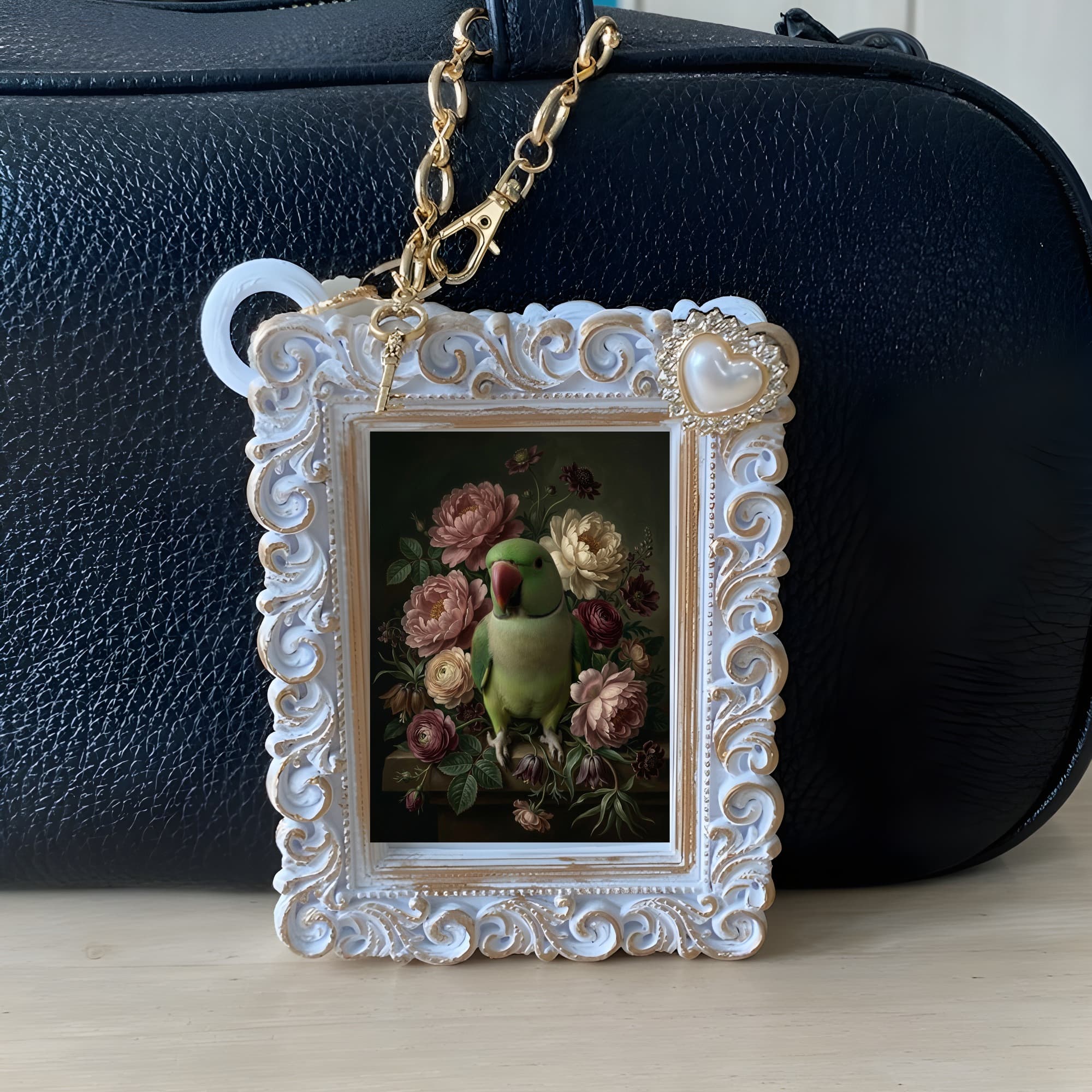 Alexandrine Parakeet Floral Oil-Painting Floral Bag Charm (White) 6