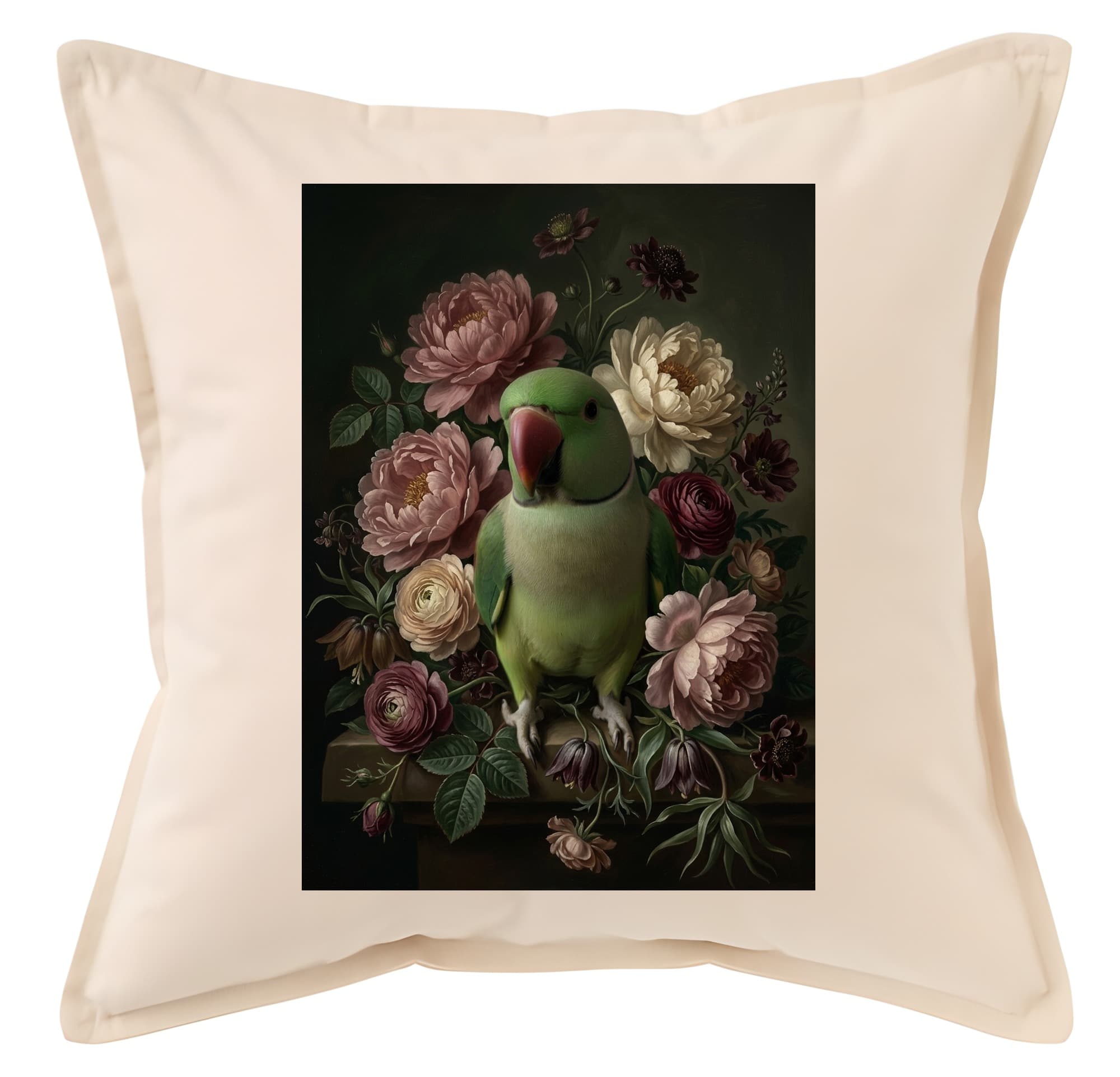 アレクサンドリンインコの花の油絵風アート花柄クッション