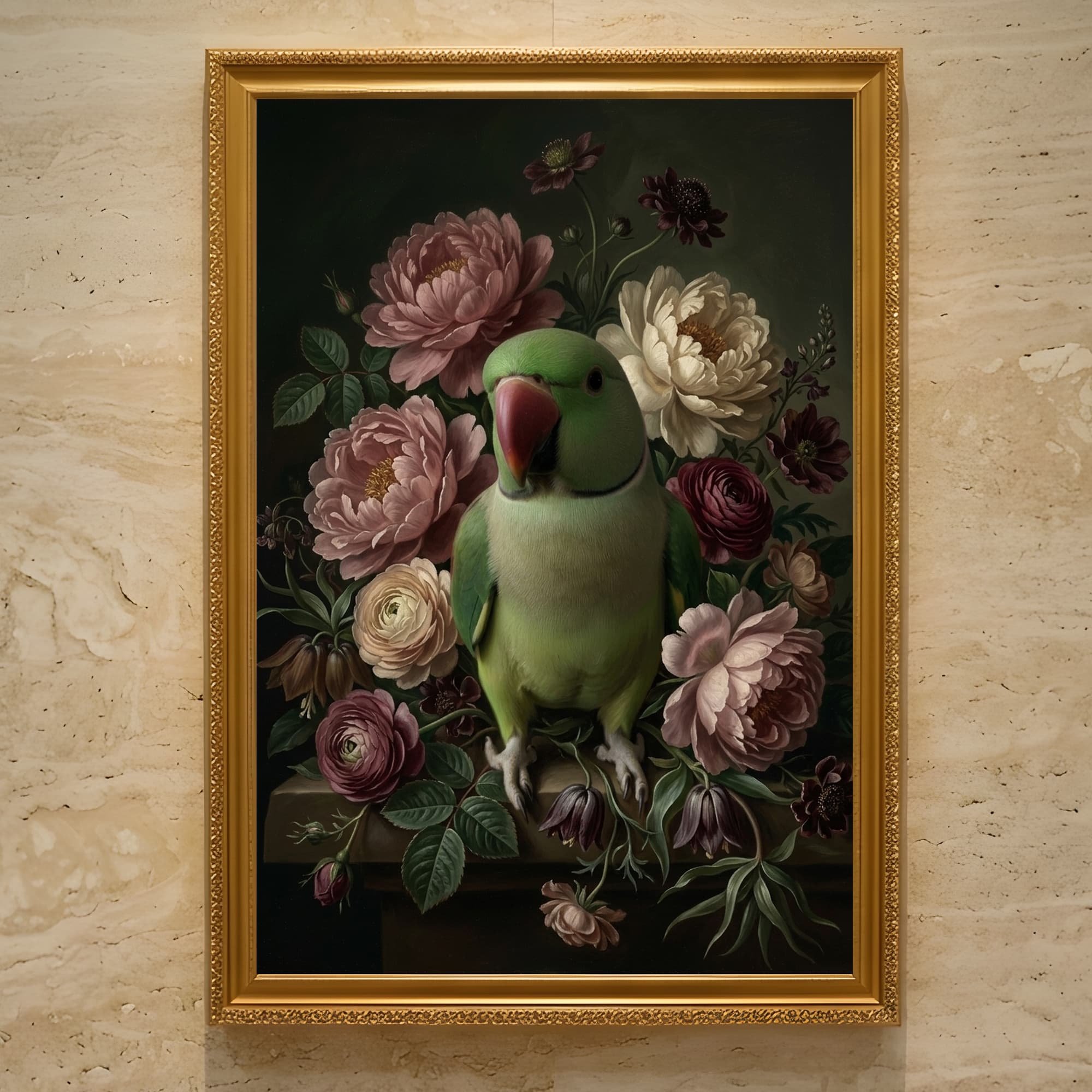 アレクサンドリンインコの花の油絵風アート花柄額装プリント(A3サイズ)