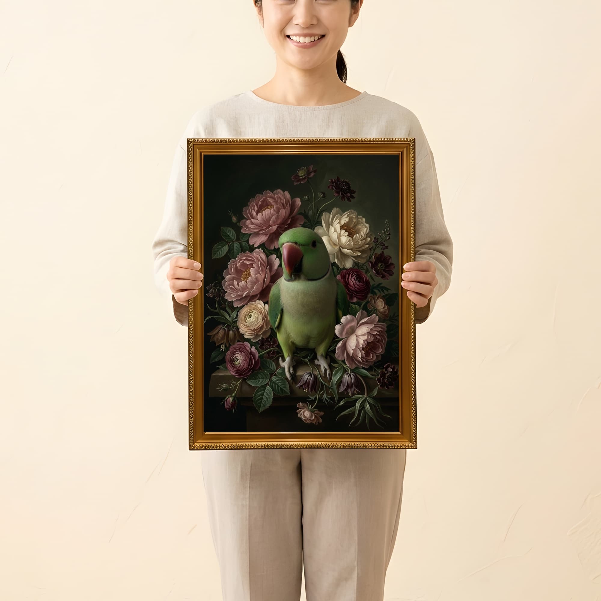 アレクサンドリンインコの花の油絵風アート花柄額装プリント(A3サイズ) 2