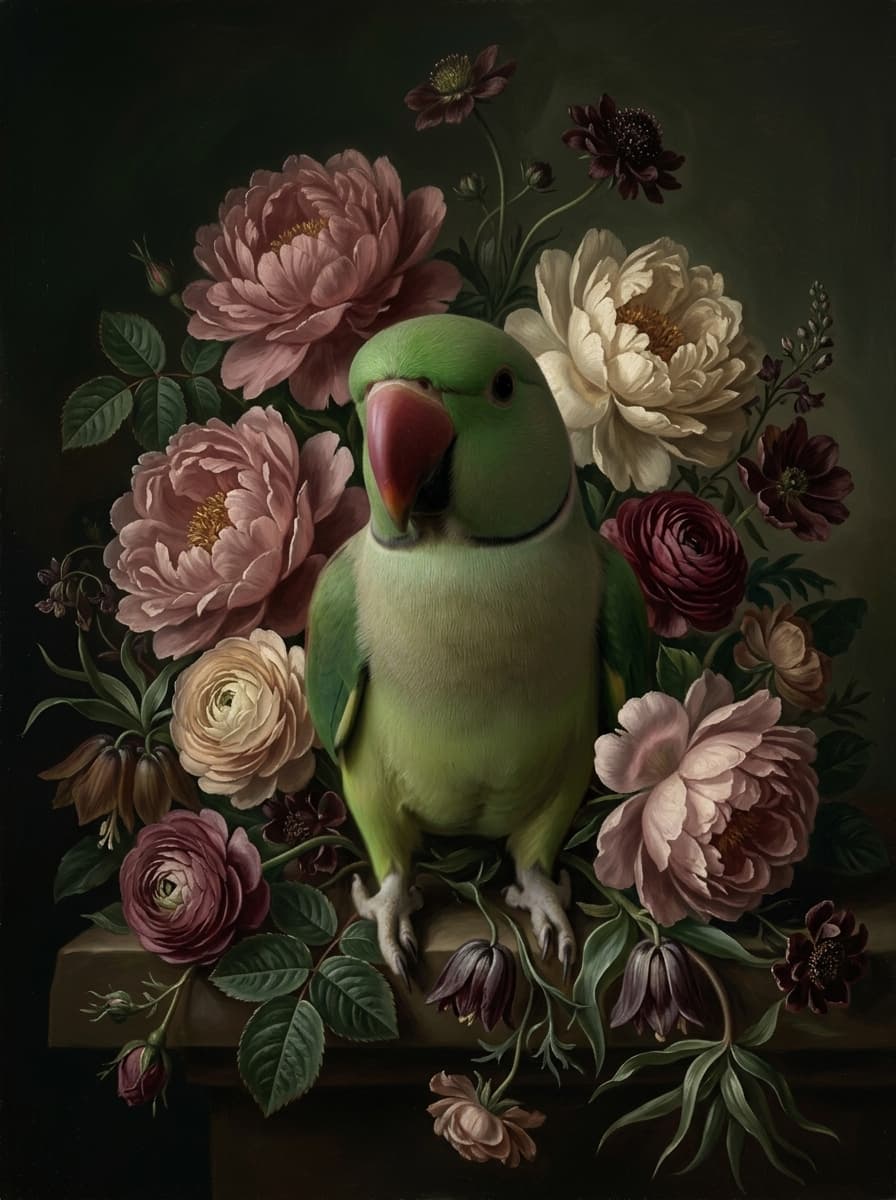 アレクサンドリンインコの花の油絵風アート花柄額装プリント(A3サイズ) 4