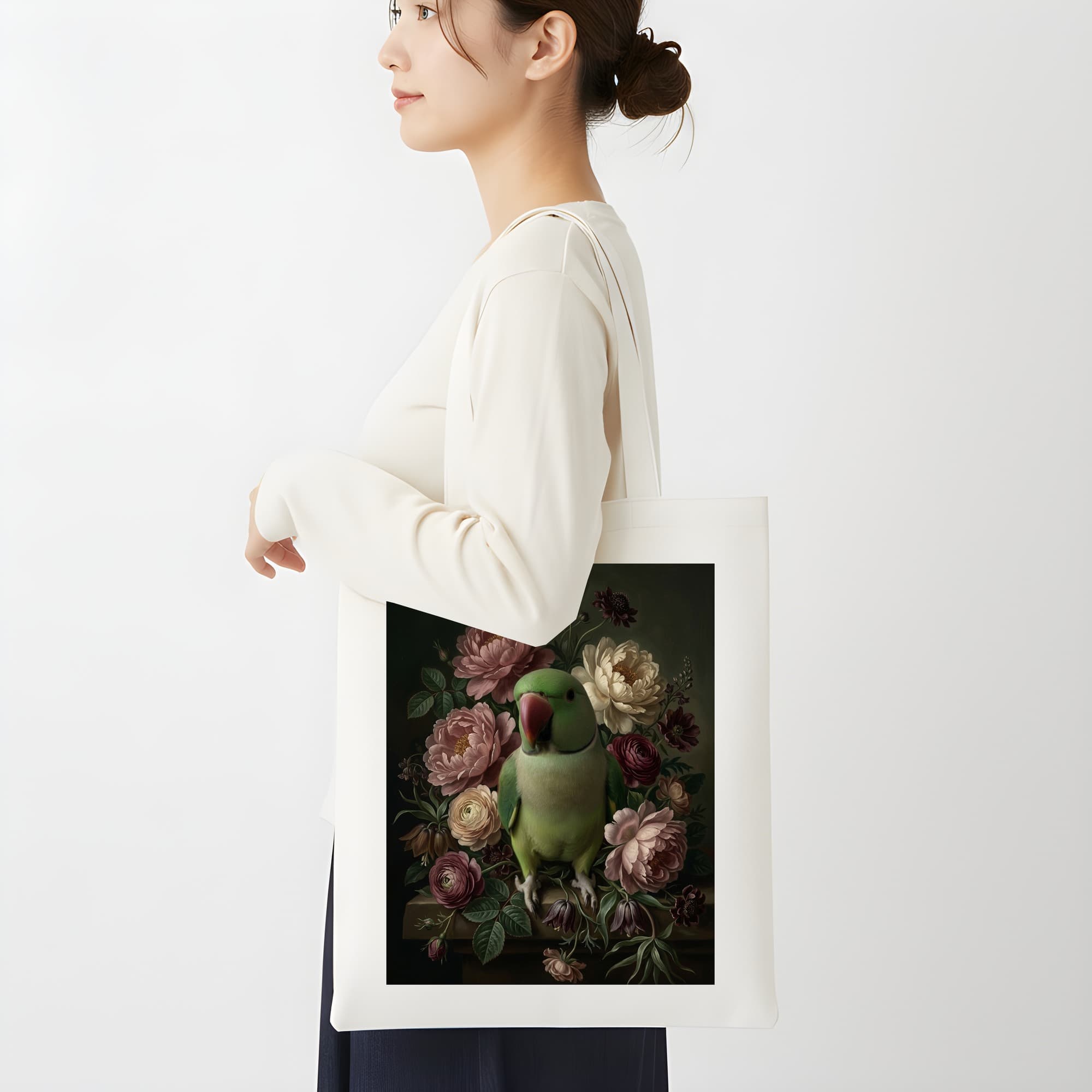 アレクサンドリンインコの花の油絵風アート花柄トートバッグ 2