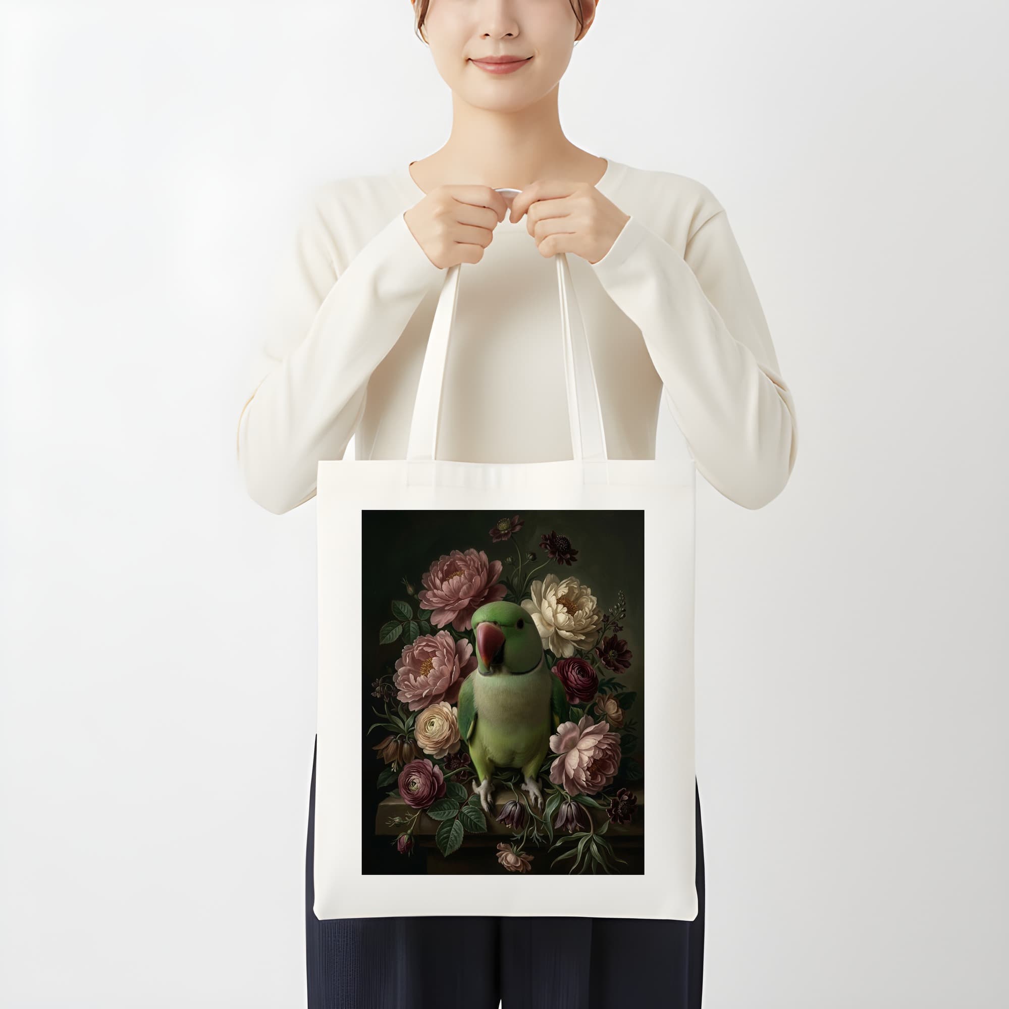 アレクサンドリンインコの花の油絵風アート花柄トートバッグ 3