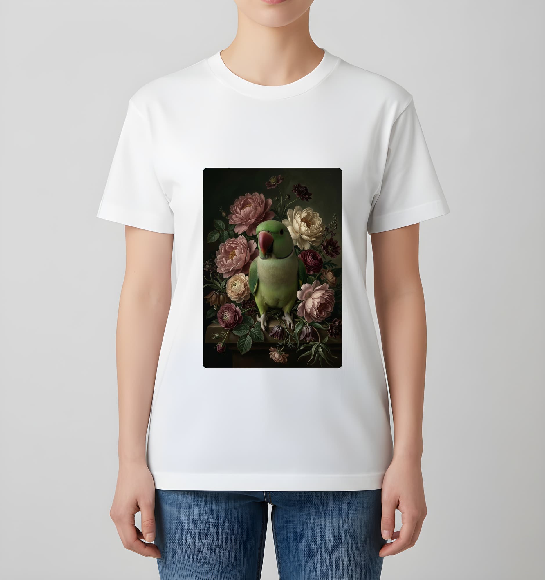 アレクサンドリンインコの花の油絵風アート花柄Tシャツ(ホワイト) 4